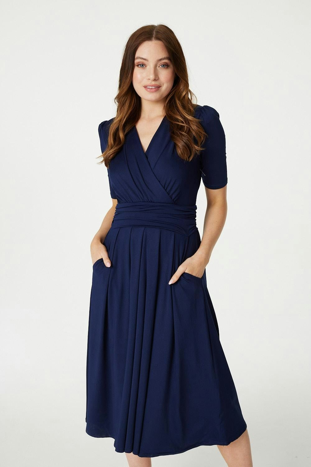Izabel London Blue/Pink/Turquoise Ruched Waist Jersey Wrap Dress - Navy - 12
