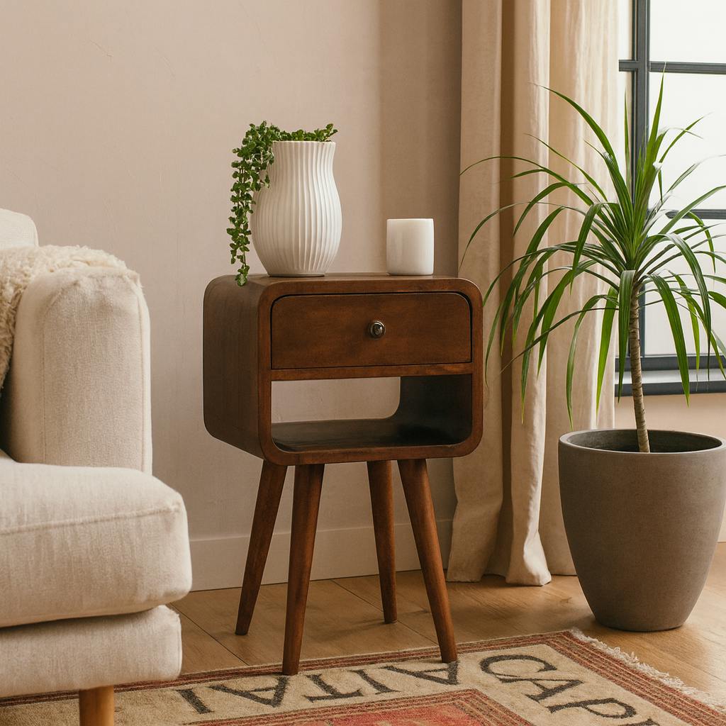 Wyld Haus Pama Small Chestnut Mango Wood Curve Low Bedside Table