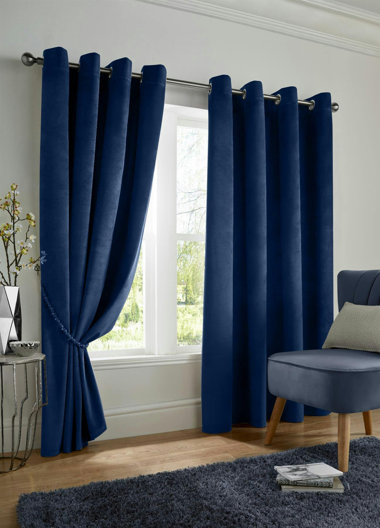 Luxury Living Blue Velvet Ring Top Blackout Curtains - 229Cm Width X 183Cm Drop