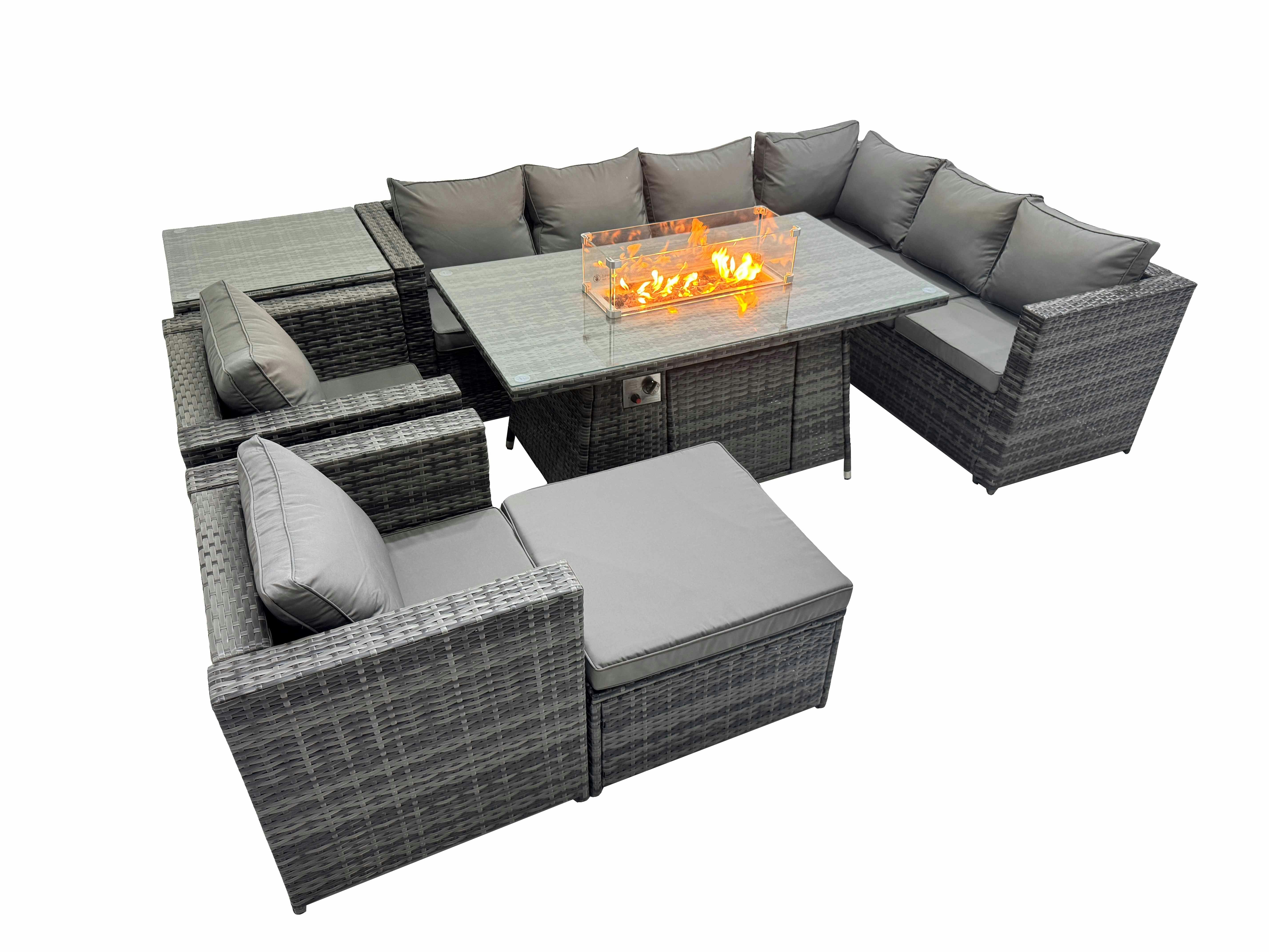 Rackhams Dark/Grey Garden Rattan Furniture Set 9 Seater Outdoor Corner Sofa 2 Chair Gas Fire Pit Dining Table Set With Big Stool Side Table