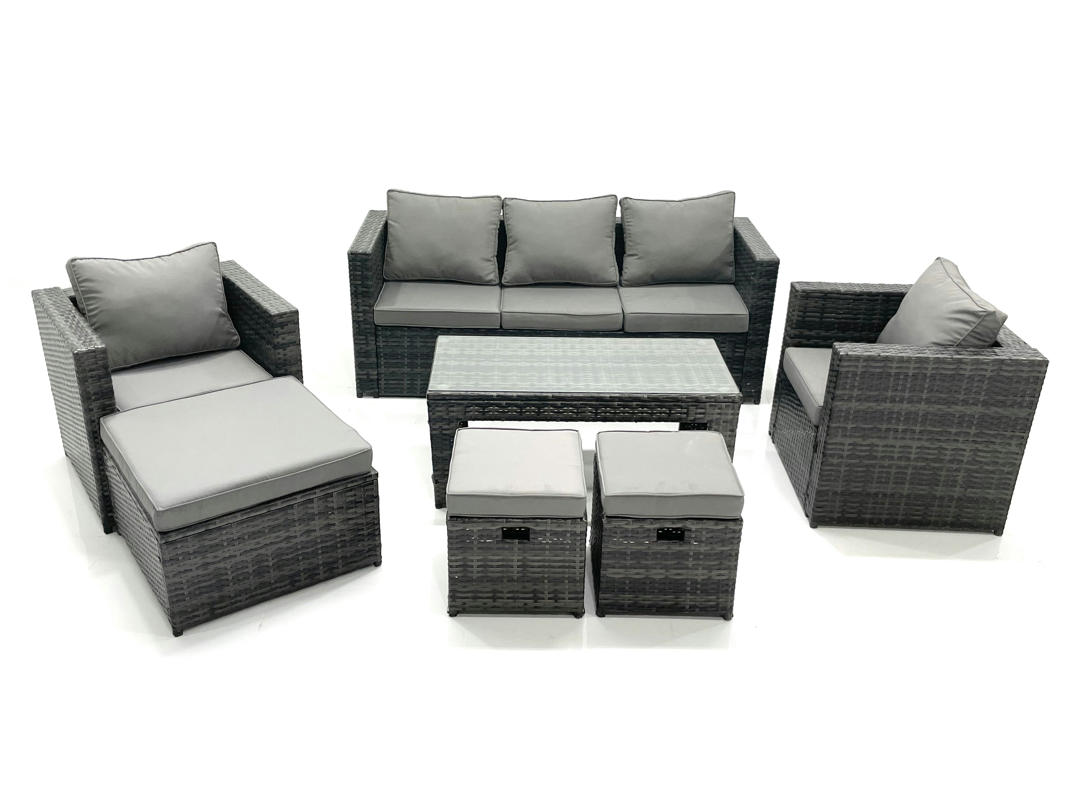 Fimous Dark/Grey 8 Seater Rattan Garden Furniture Set Outdoor Lounger Sofa With Coffee Table 2 Armchair 3 Footstools Mixed