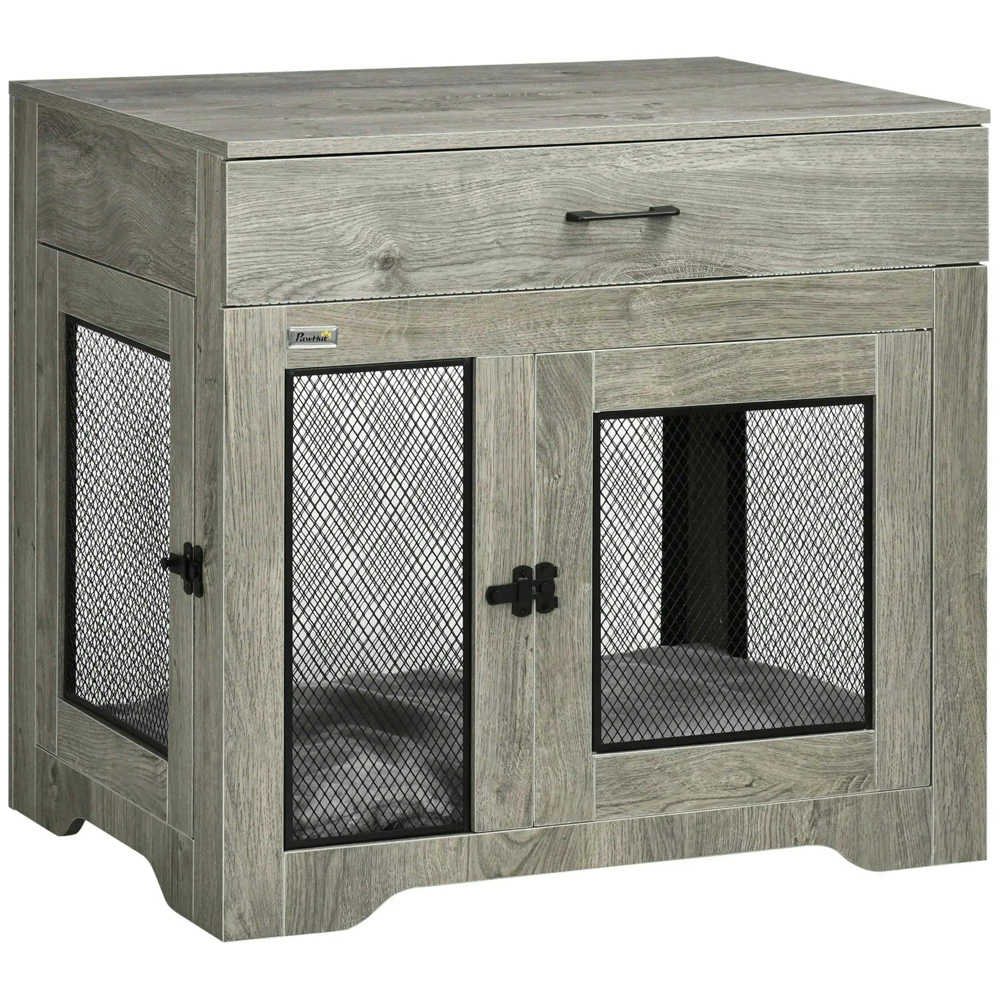 Pawhut Dog Crate With Cushion, End Table With Drawer - Grey - Image 8