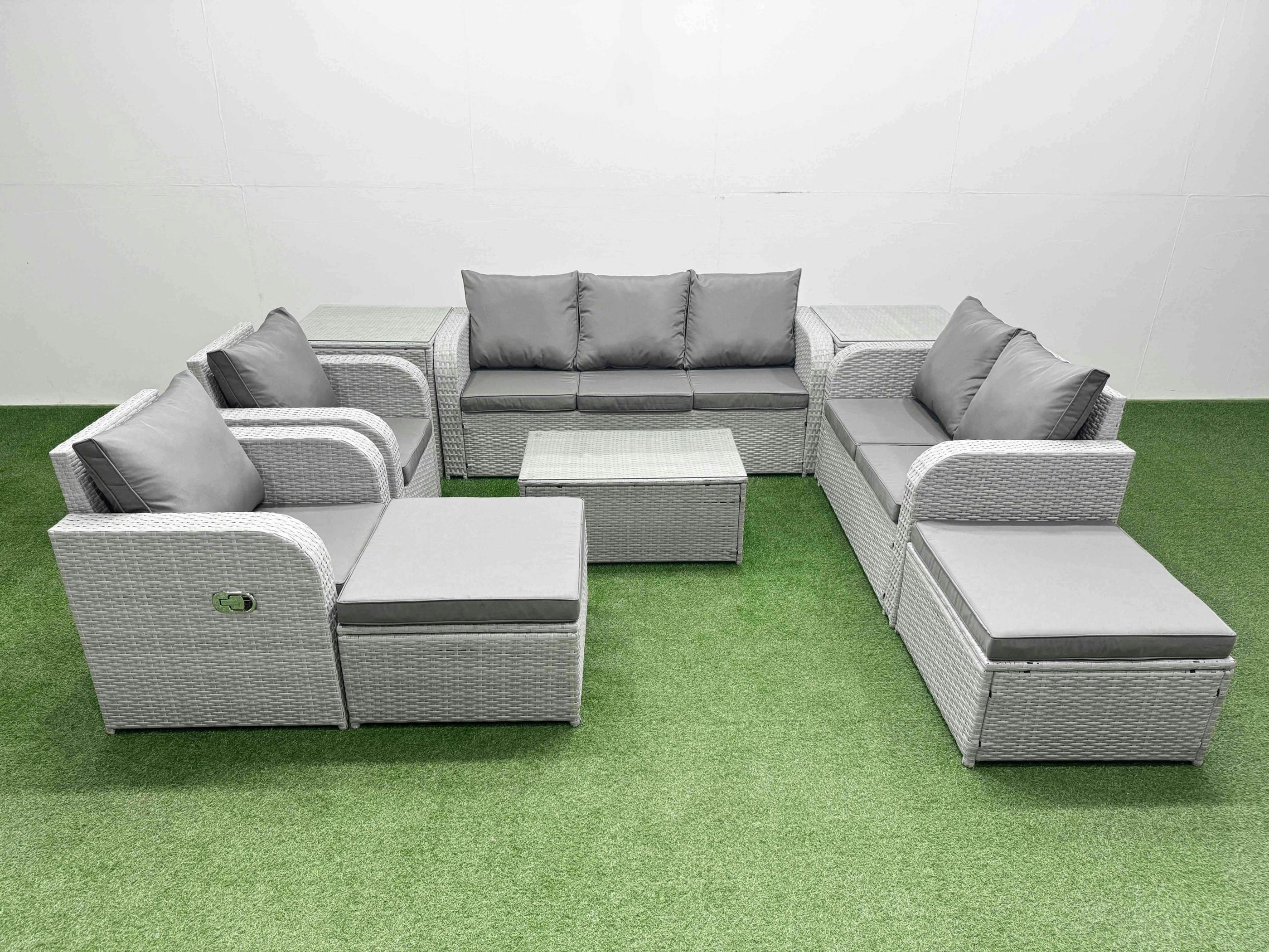 Fimous Light/Grey 9 Seater Rattan Garden Furniture Set With Coffee Table, 2 Sofas, 2 Reclining Chairs, 2 Footstools & 2 Side Tables