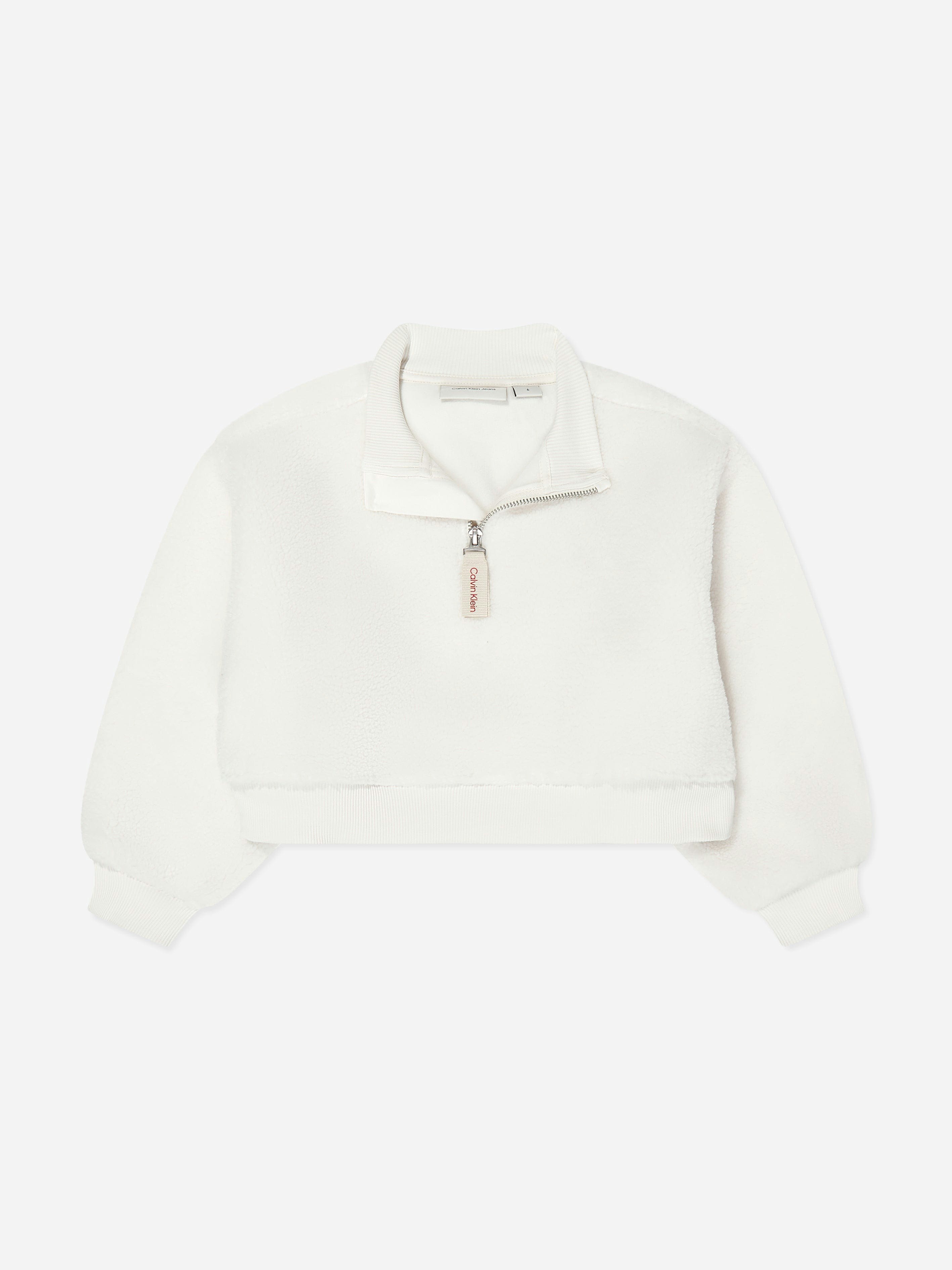Calvin Klein Girls Ivory Sherpa Fleece Half Zip Sweatshirt In - 8 Yrs