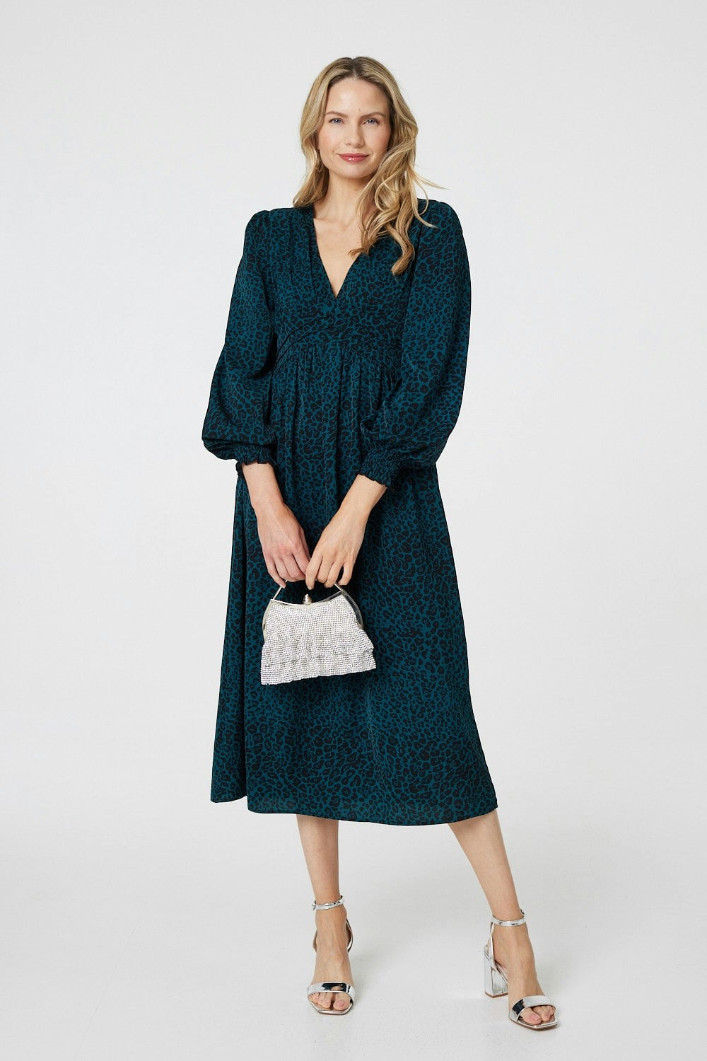Izabel London Green Animal Print Long Puff Sleeve Midi Dress - 14