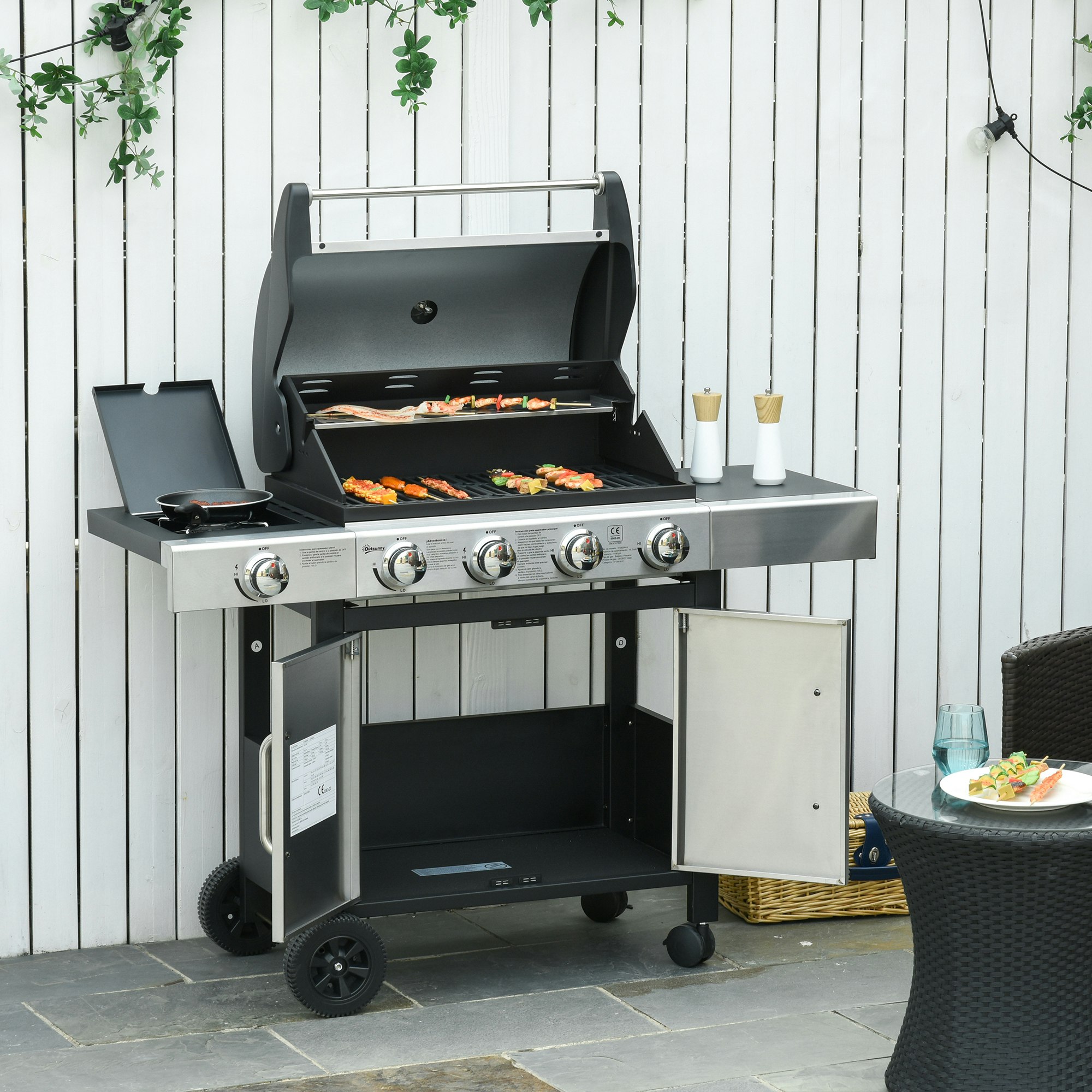 Rackhams Black Deluxe Gas Barbecue Grill 4+1 Burner Garden Bbq W/ Large Cooking Area - And Stainless Steel - Stainless Steel And Metal - 118Cm X 55Cm X 113Cm