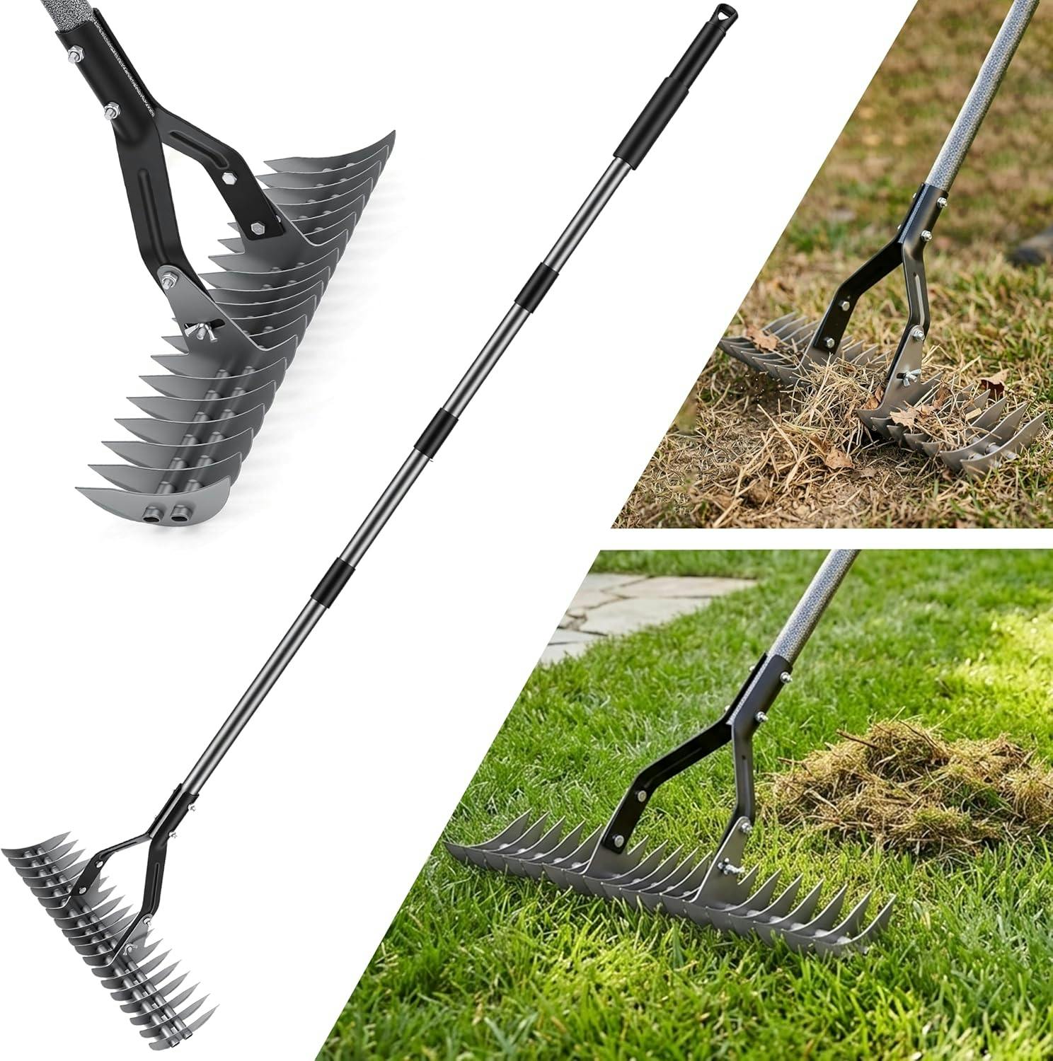 Rackhams My Garden Extendable Thatch Rake 1.77M - Manual Lawn Scarifier - Adjustable Steel Handle - Moss & Thatch Rake
