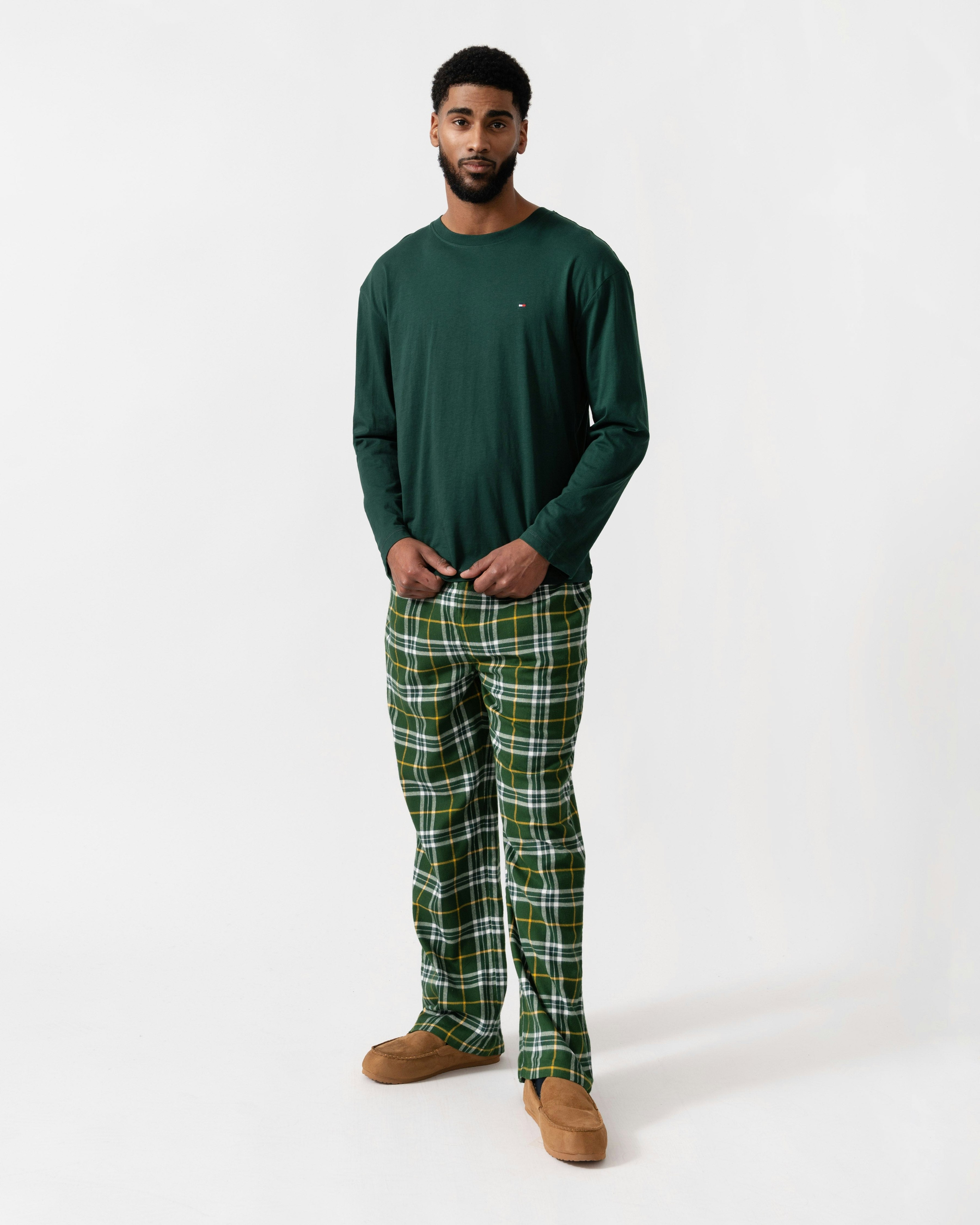 Tommy Hilfiger Men's Green Relaxed Flannel Print Long Sleeve Pyjama Set - Ornatal / Tartan - Ornatal / Tartan - M