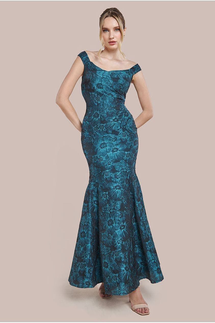 Goddiva Dark/Green/Black Bardot Jacquard Maxi Dress - Emerald By - Emerald - 10