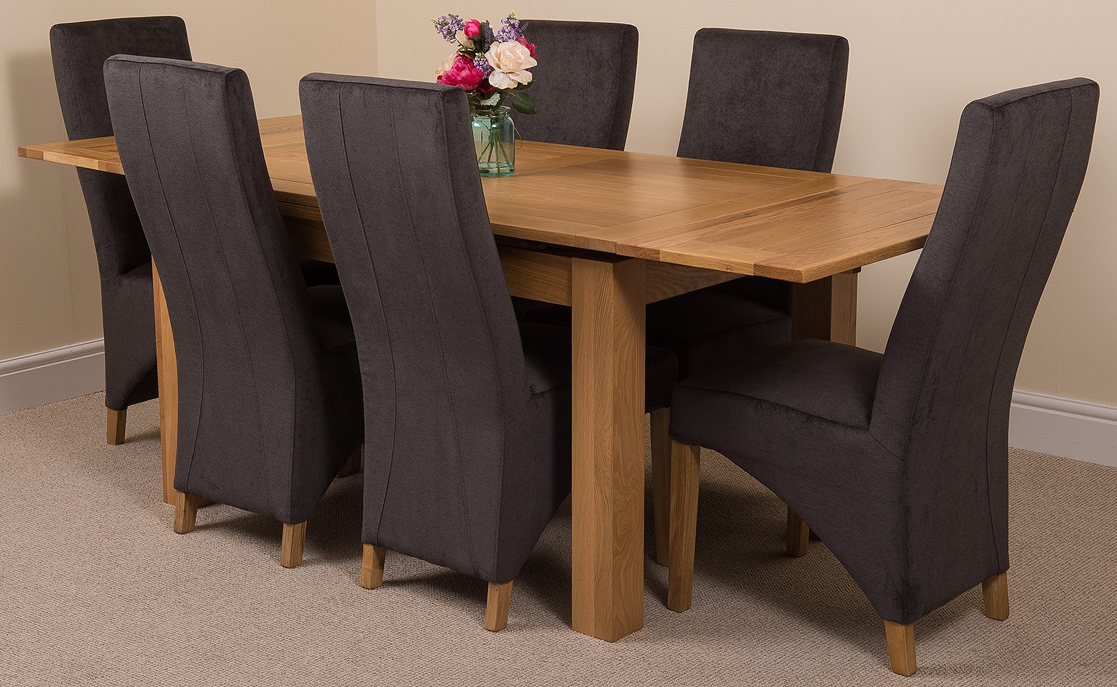 That's Furniture Black Richmond Medium Oak Extendable Dining Table With Lola Fabric Chairs - 6 Chairs