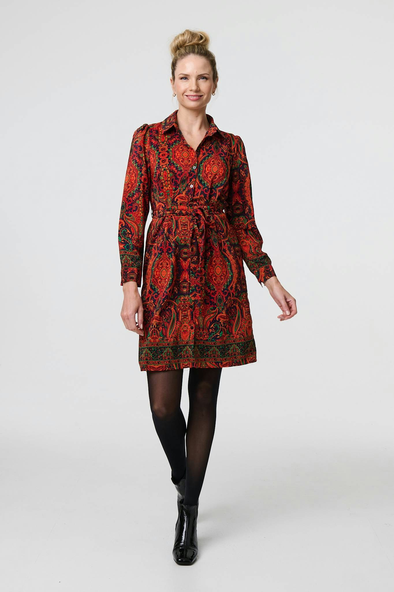 Izabel London Orange Mosaic Print Long Sleeve Short Shirt Dress - 10