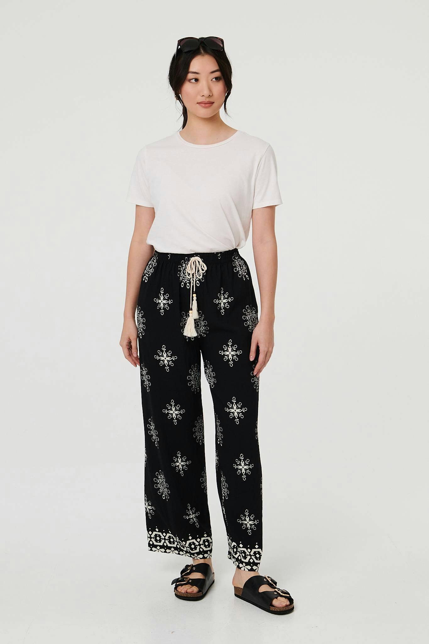 Izabel London Black Border Print Wide Leg Relaxed Trousers - 8