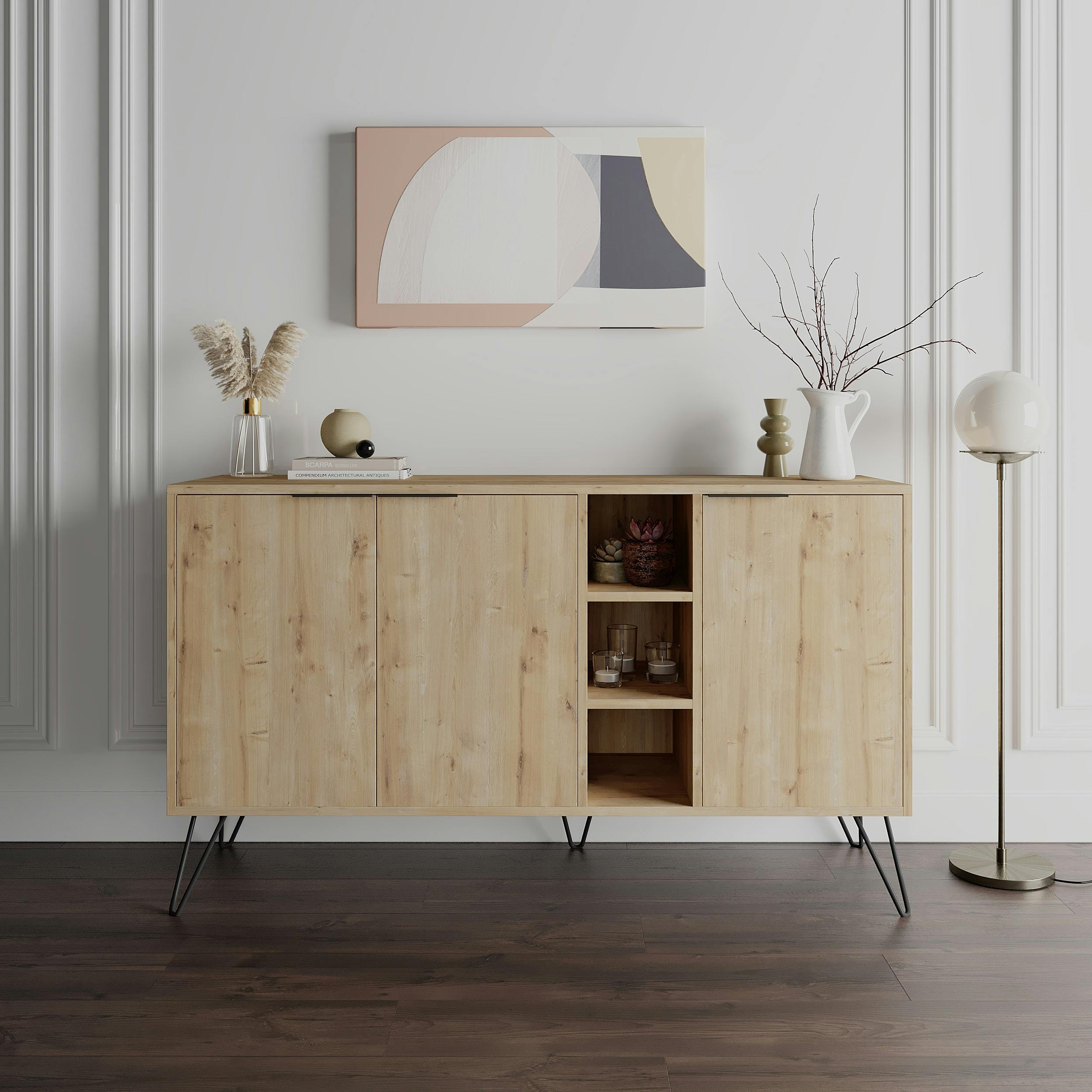Decortie Clara Sideboard Cabinet Modern Storage Shelves Hairpin Legs 142Cm - Oak