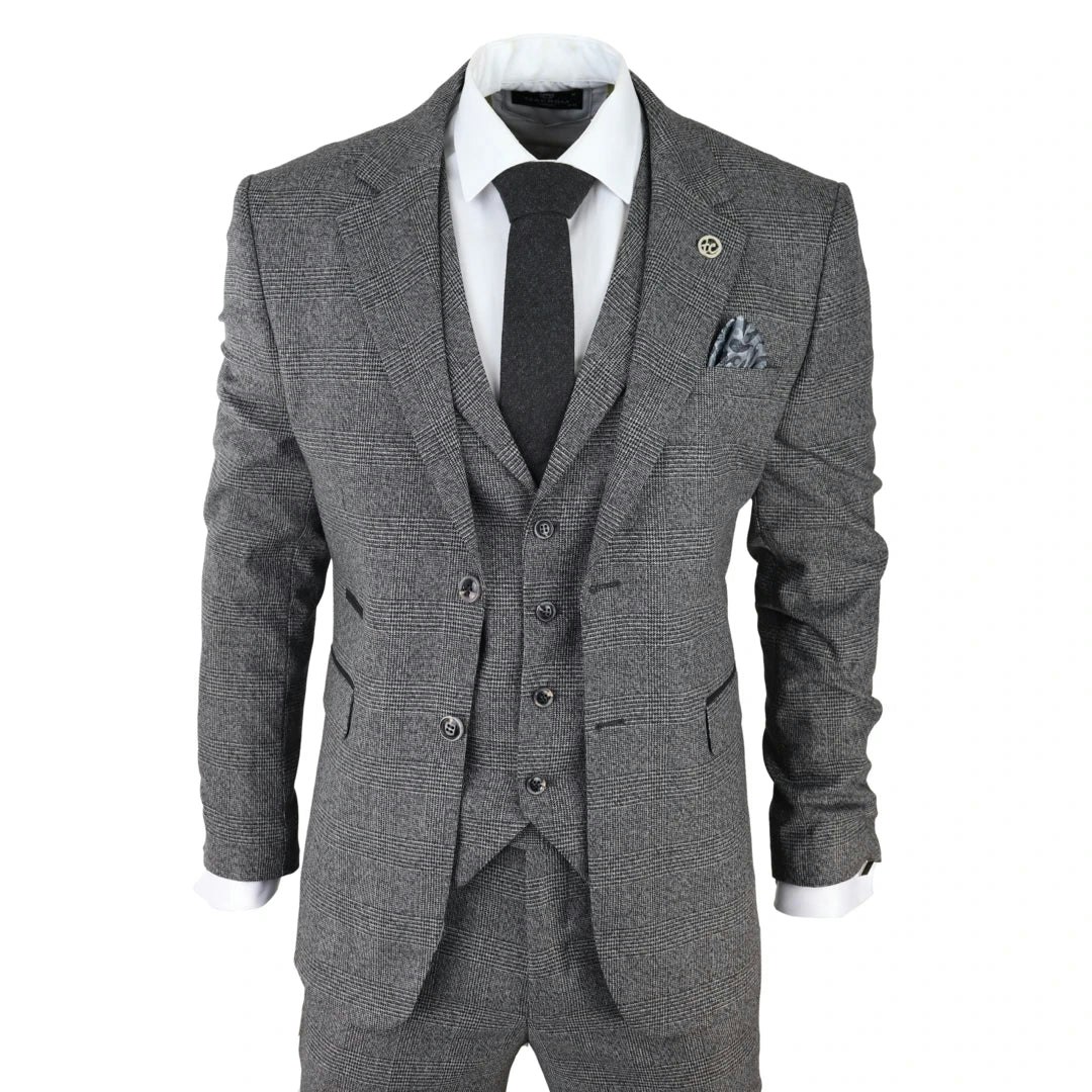Truclothing Men's Grey/Black Ak-10 - Classic 3 Piece Suit Prince Of Wales Check Wedding - 42" Jacket 36" Trousers