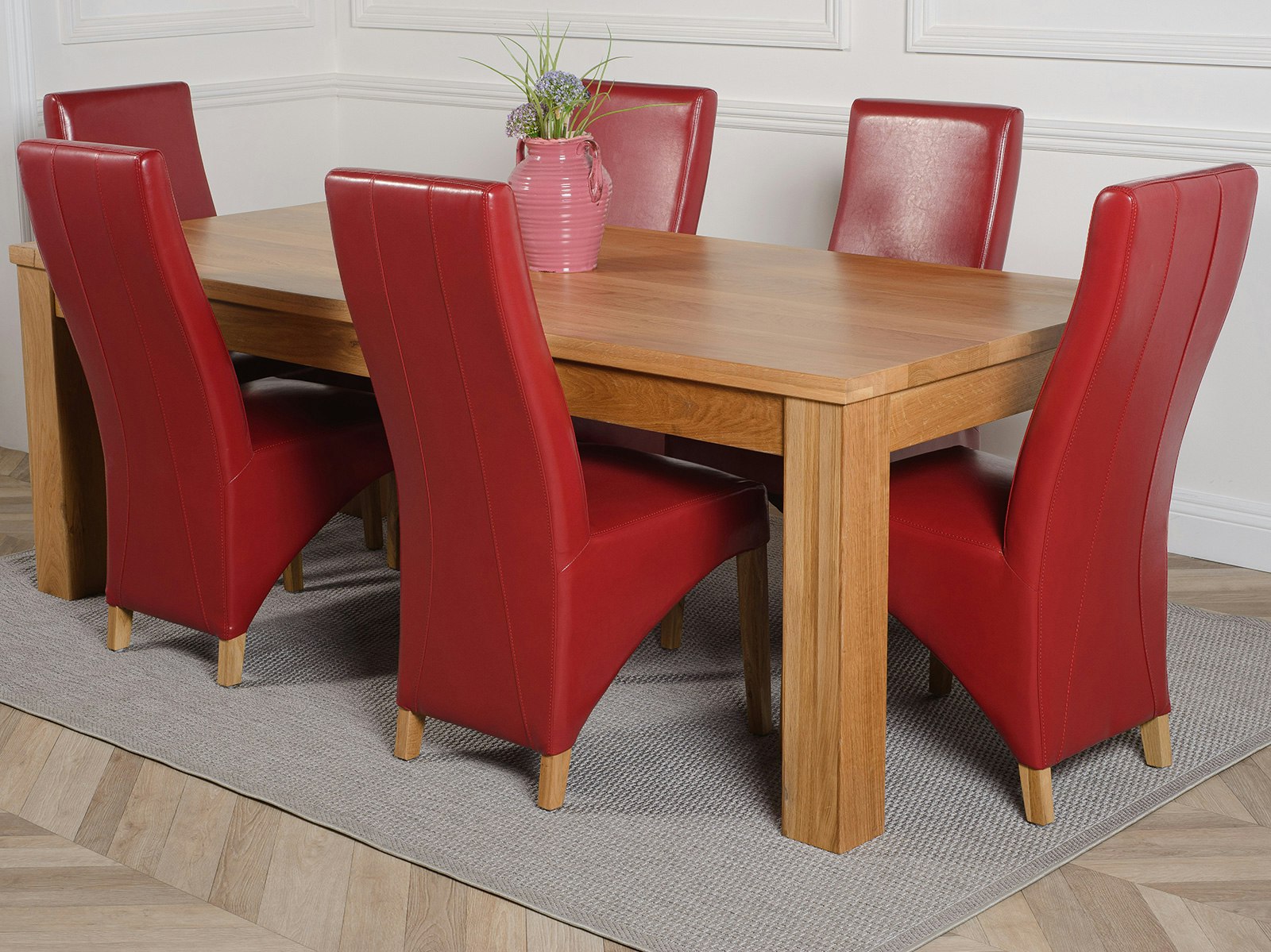 Rackhams Burgundy Dakota Extra Large Oak Dining Table With Lola Leather Chairs - 6 Chairs