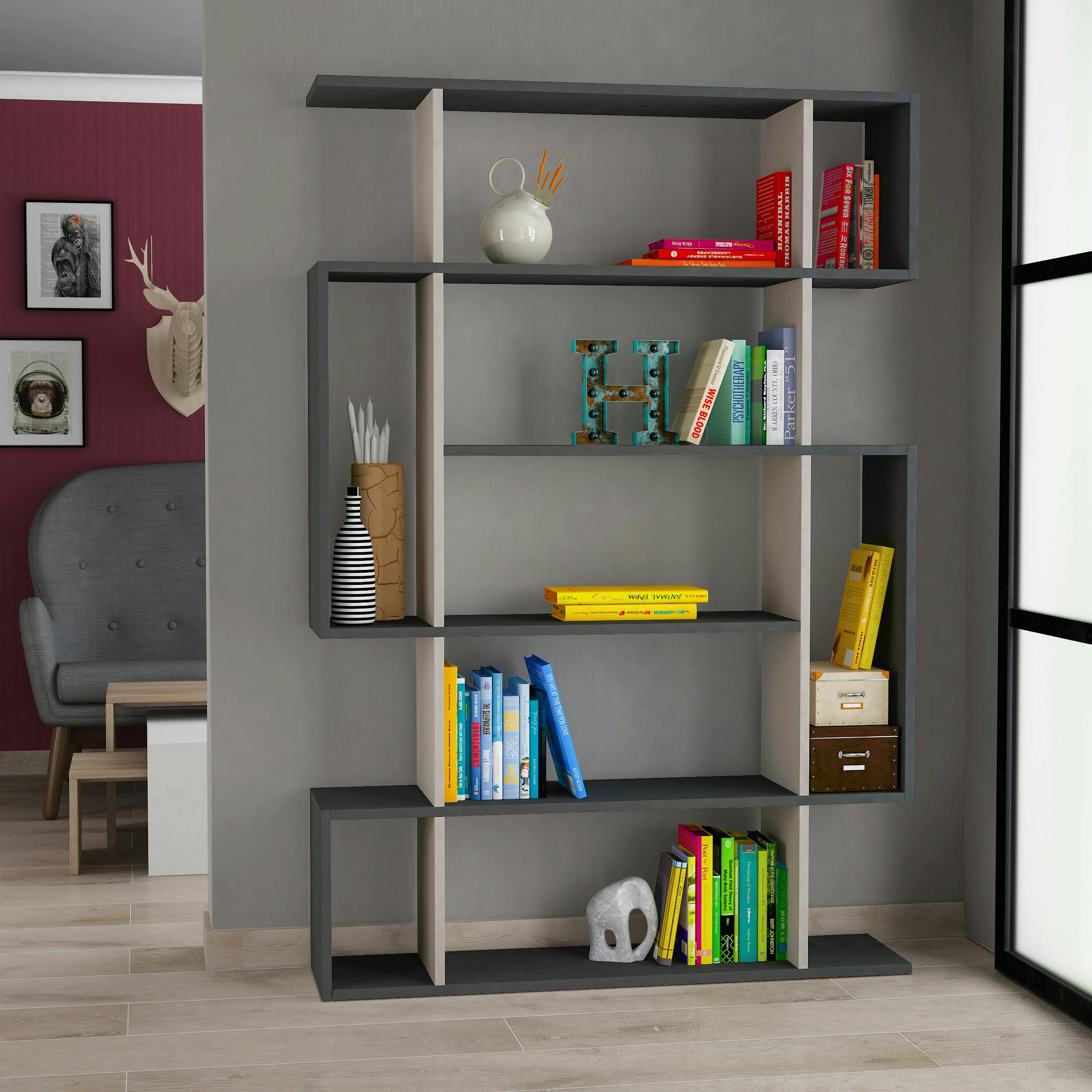 Decortie Grey Mito Modern Freestanding & Wall Mounted Bookcase Sonoma 5-Tier Display Unit Tall For Home & Office 161Cm - Mocha