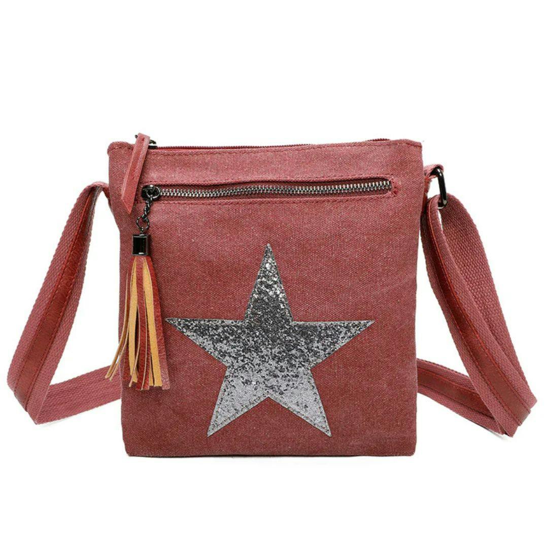 Love Emvy Burgundy Metallic Star Canvas Crossbody Bag
