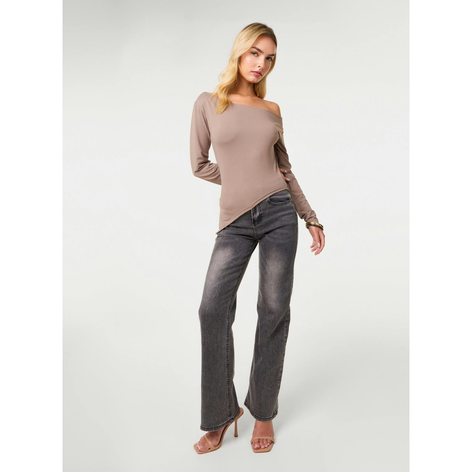 Pink Vanilla Pink/Light/Brown Vanilla Off Shoulder Asymmetric Hem Top - S