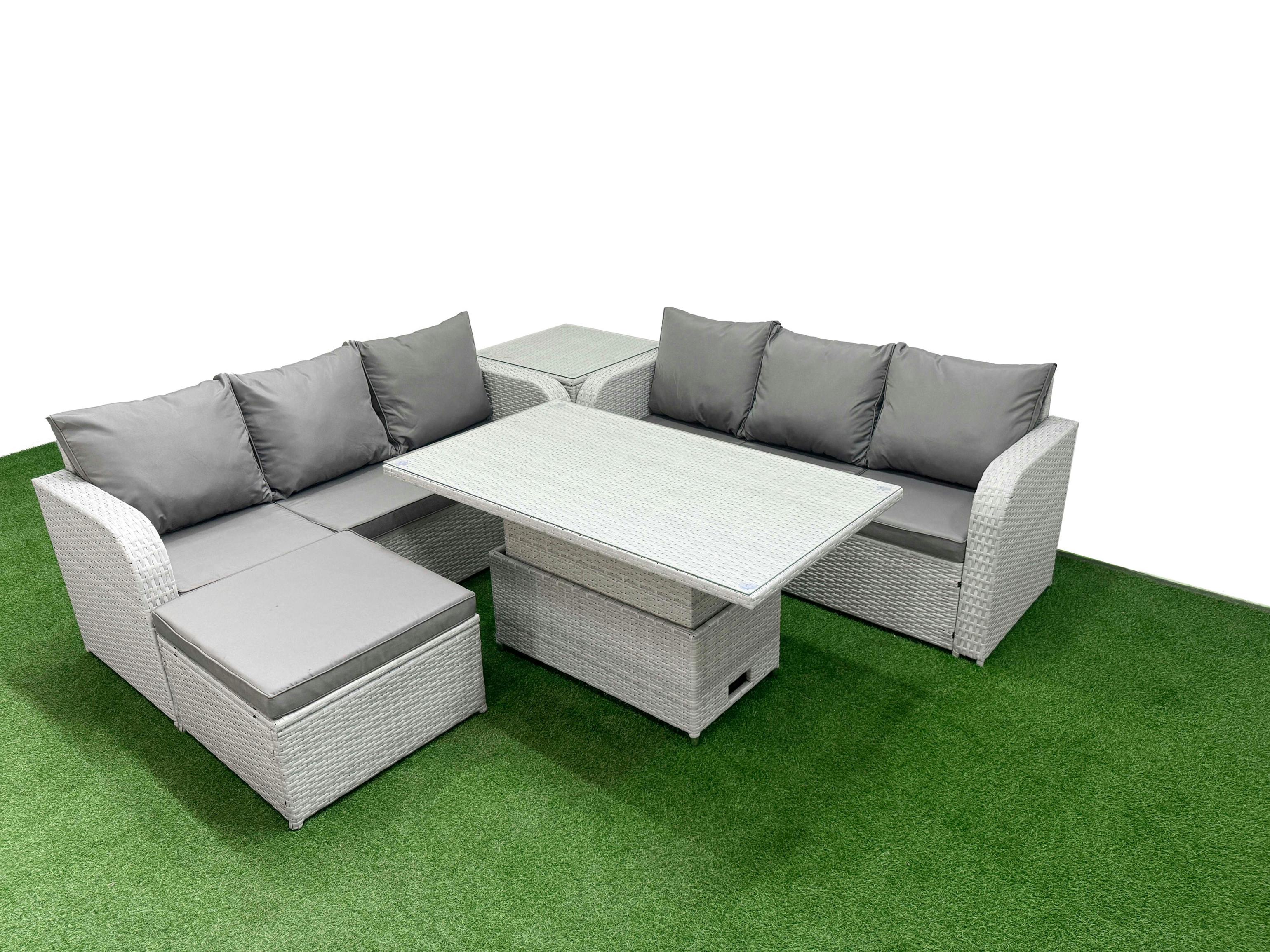 Fimous Light/Grey 7 Seater Outdoor Sofa Set, Wicker Garden Furniture, Adj Height Table, High Back Lounge Sofa, Big Footstool And Side Table,