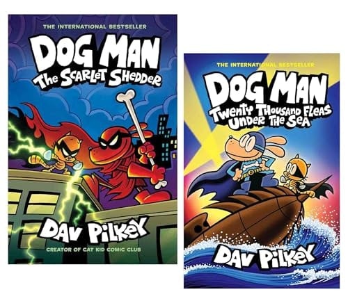 Various Publishers Red Dog Man Series By Dav Pilkey 2 Books Collection Set: Book No. 11 And 12 (Twenty Thousand Fleas Under The Sea And The Scarlet Shedder [Hardback])