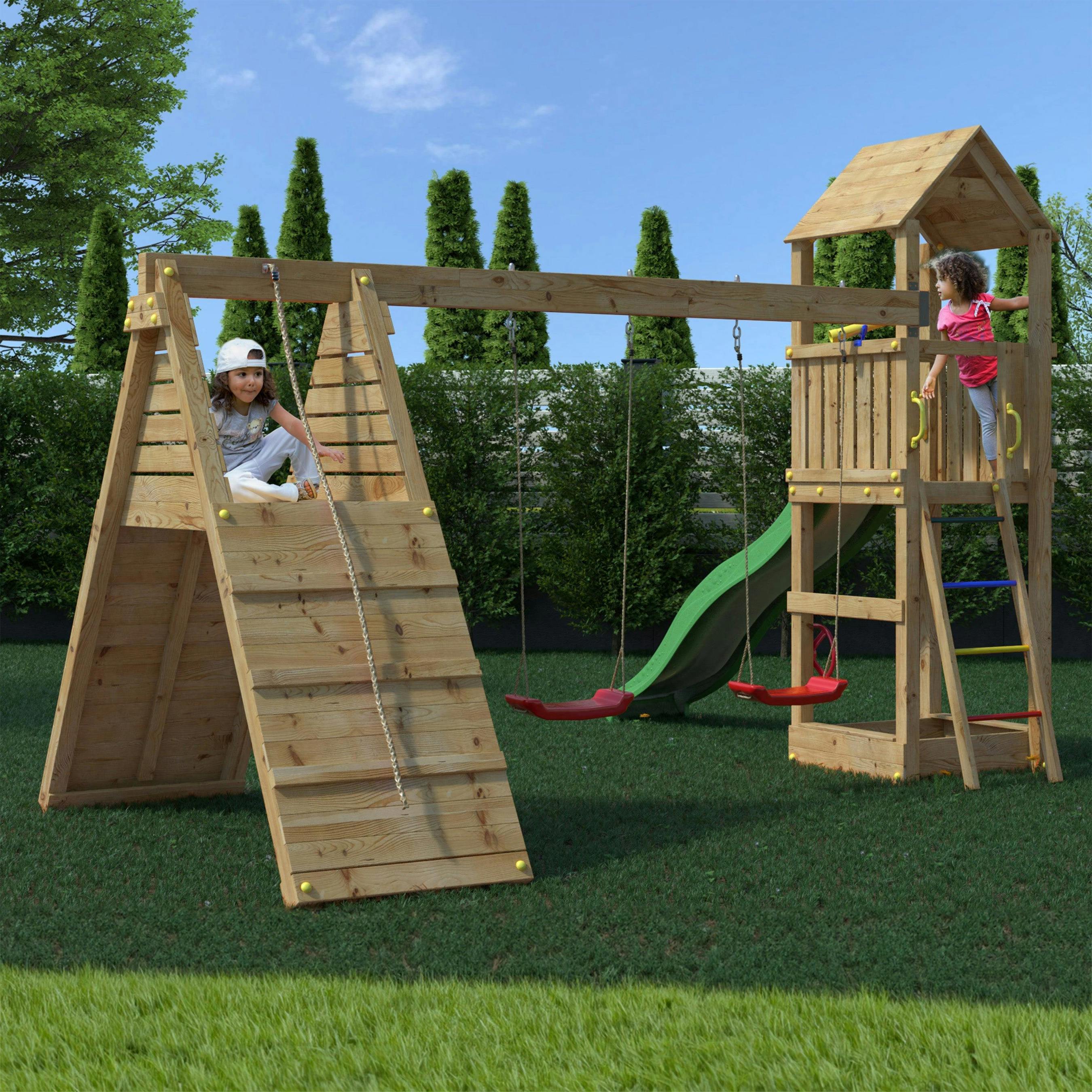 Shire Fleppi Climbing Frame With Tower Swings Slide And Climbing Wall