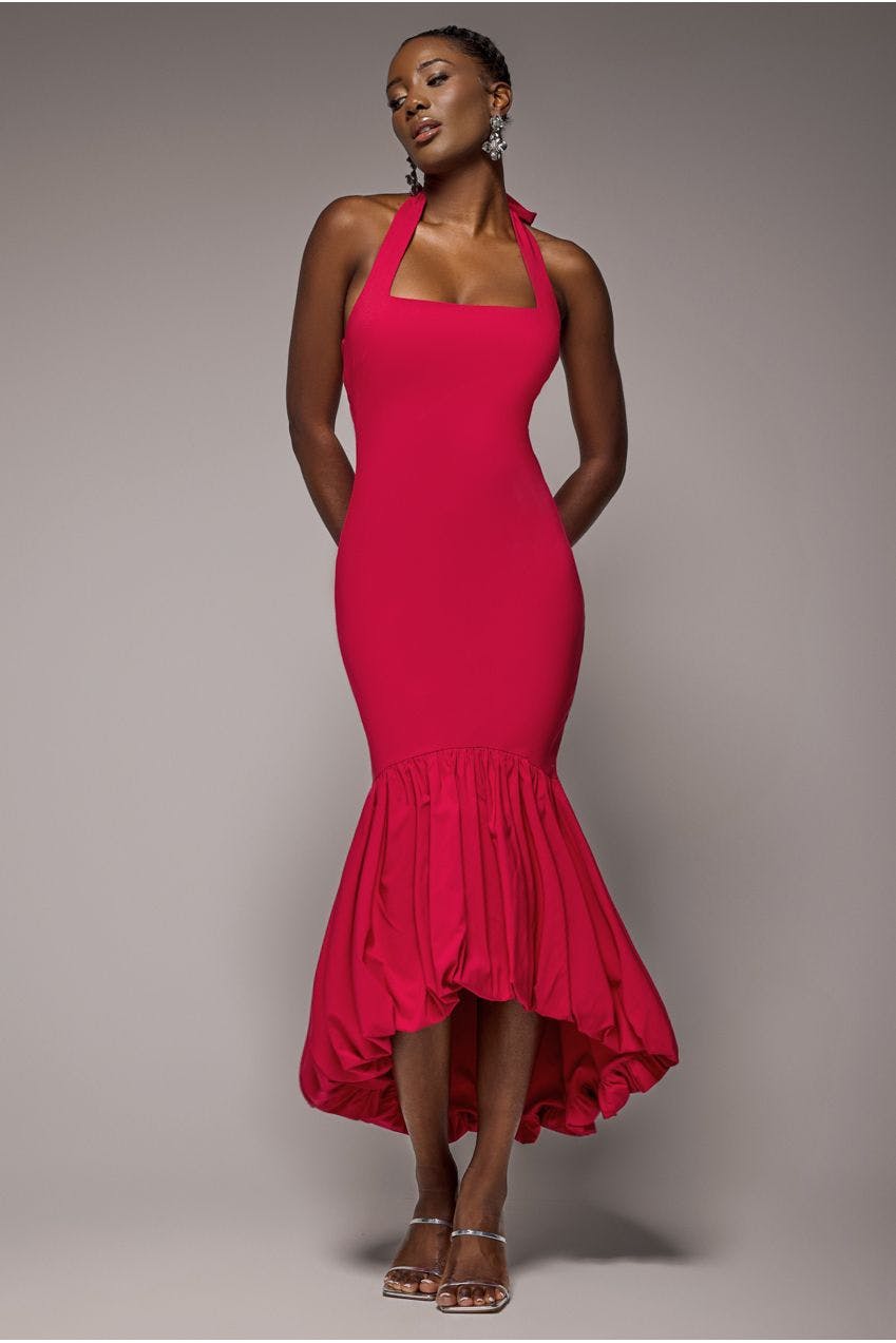 Goddiva Red Halter Neck Puff Hem Mermaid Midaxi Dress - By - 16