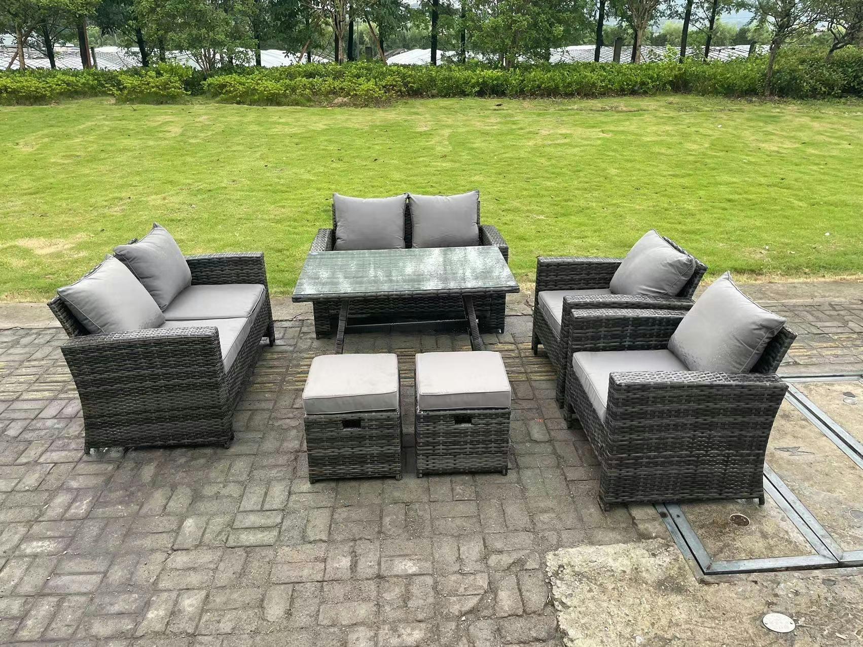Fimous Dark/Grey 8 Seater Outdoor Mixed High Back Rattan Sofa Dining Table Set Garden Furniture Love Sofa Chair 2Stools