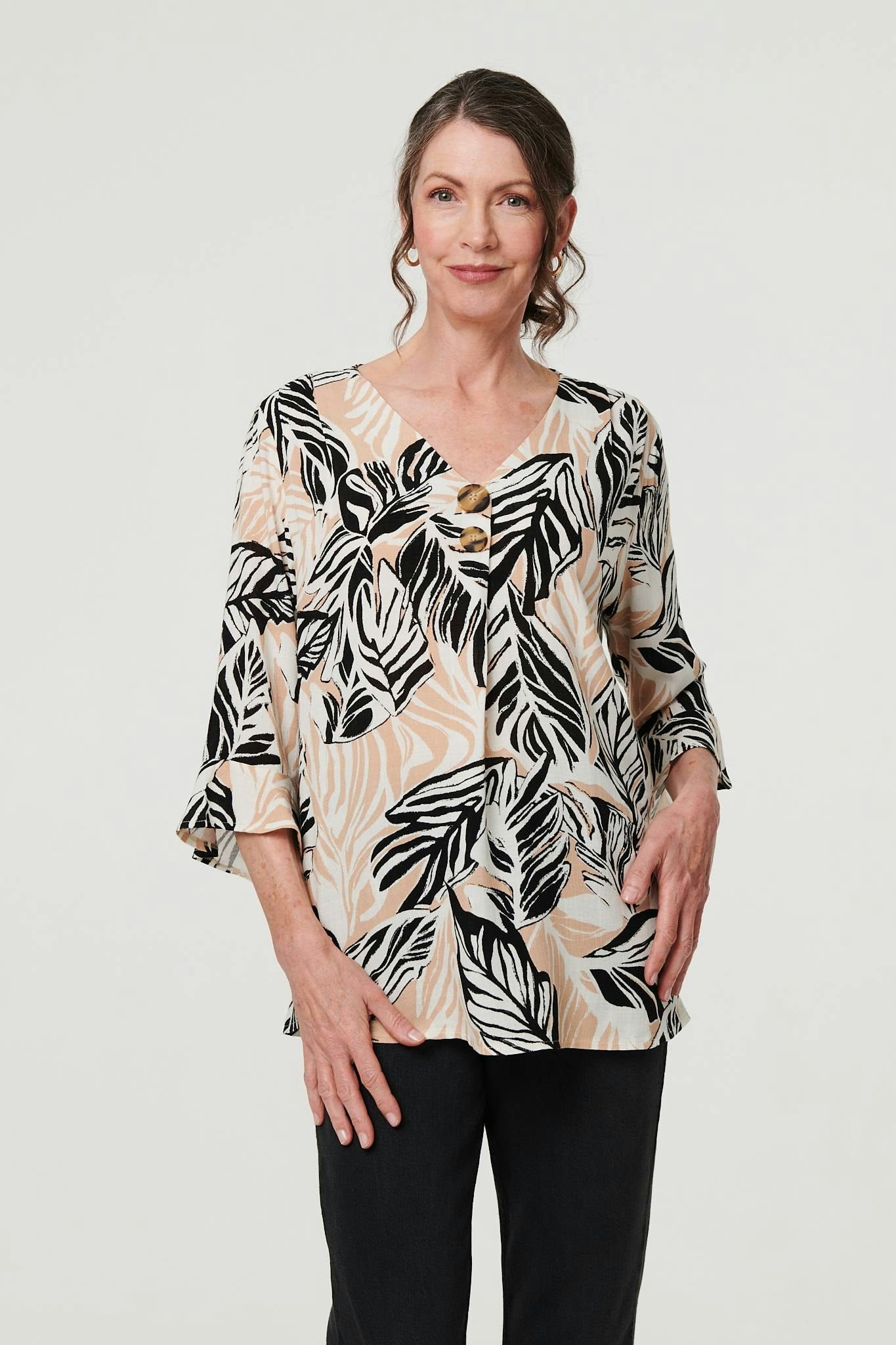 Izabel London Beige Leaf Print 3/4 Sleeve Button Trim Blouse - 8