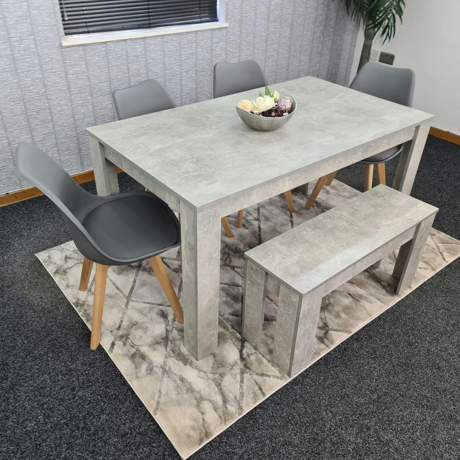 Kosy Koala Brown Stone Grey Effect Wood Dining Table Set With Bench & 4 Grey Plastic Chairs Modern Dining Room Furniture In - Image 6