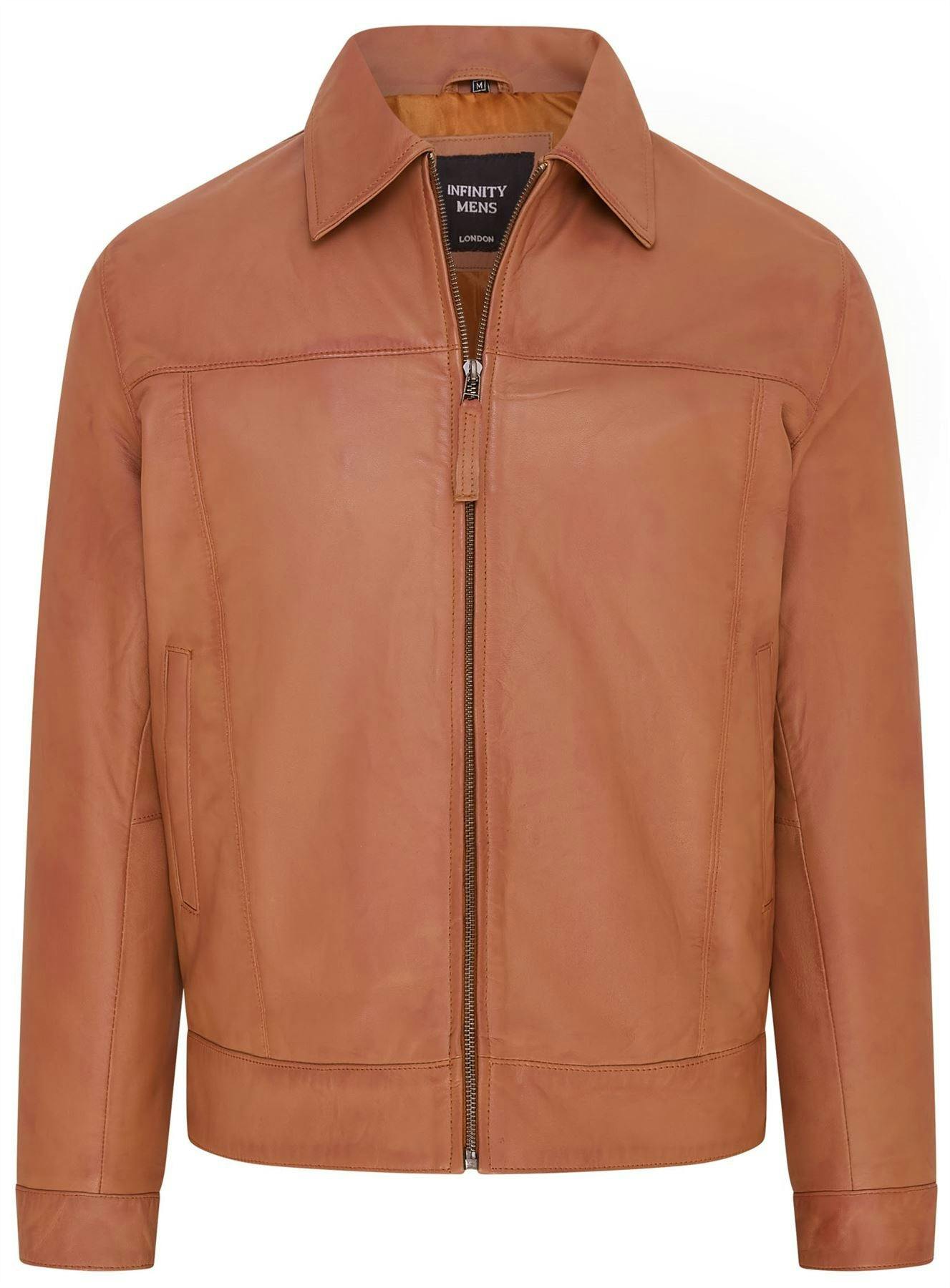 Infinity Leather Men's Black Retro Classic Leather Harrington Biker Jacket - Dram - Tan - Uk 2XL | Eu 54 | Us 44