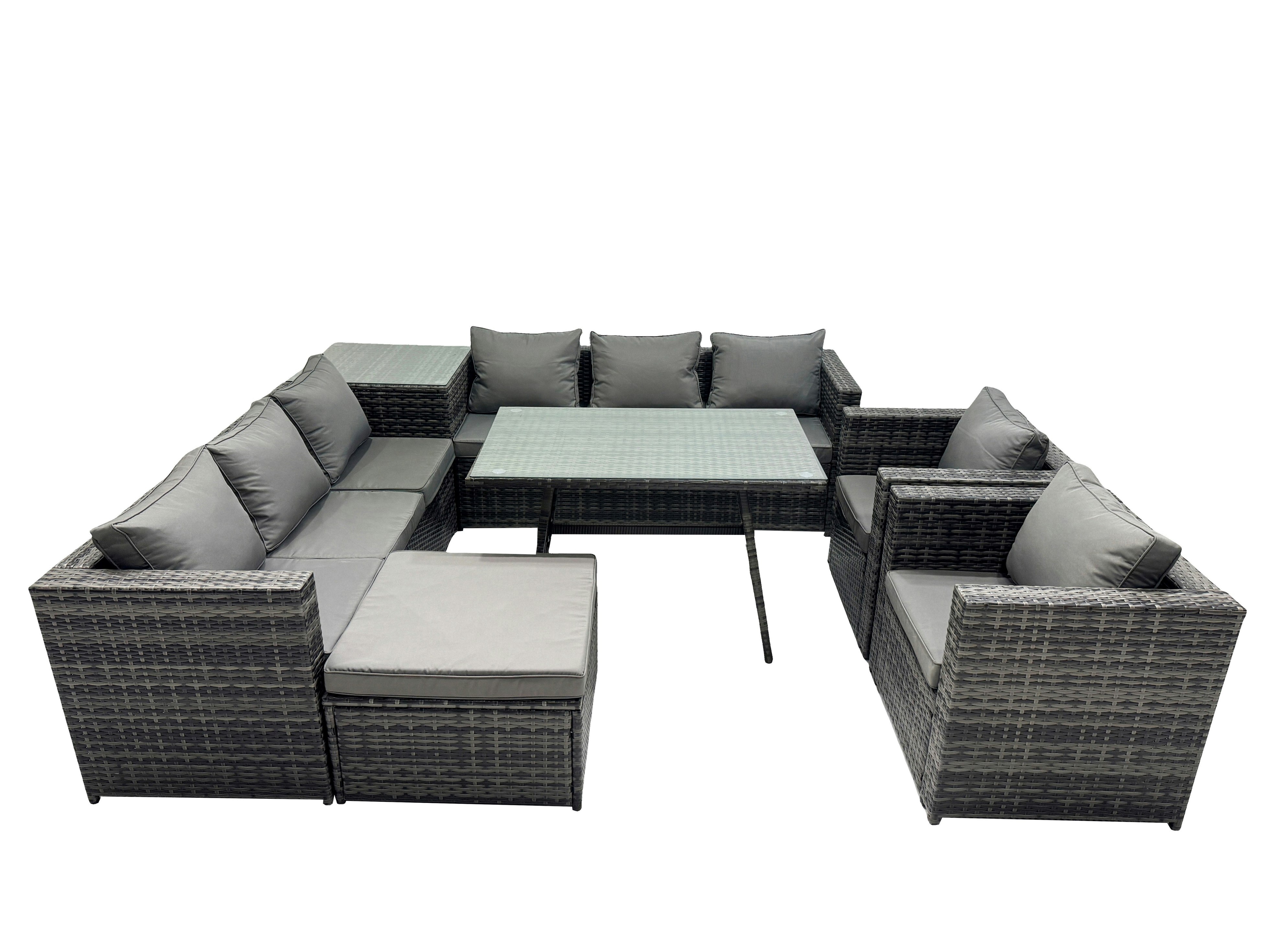 Rackhams Dark/Grey Outdoor Corner Sofa Chair Dining Table Set Garden Rattan Furniture Set 9 Seater With Big Stool Side Table