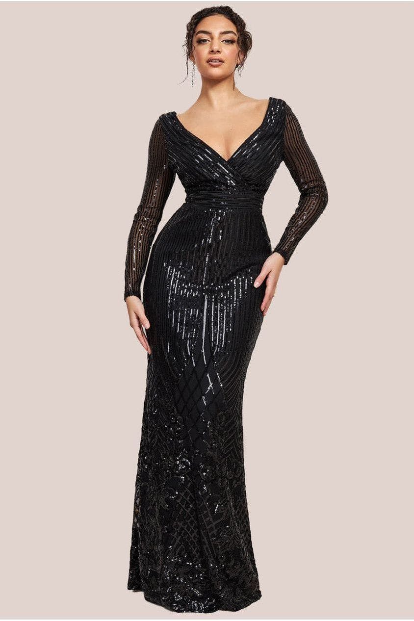 Goddiva Black Long Sleeve Sequin V Wrap Maxi Dress - By - 10