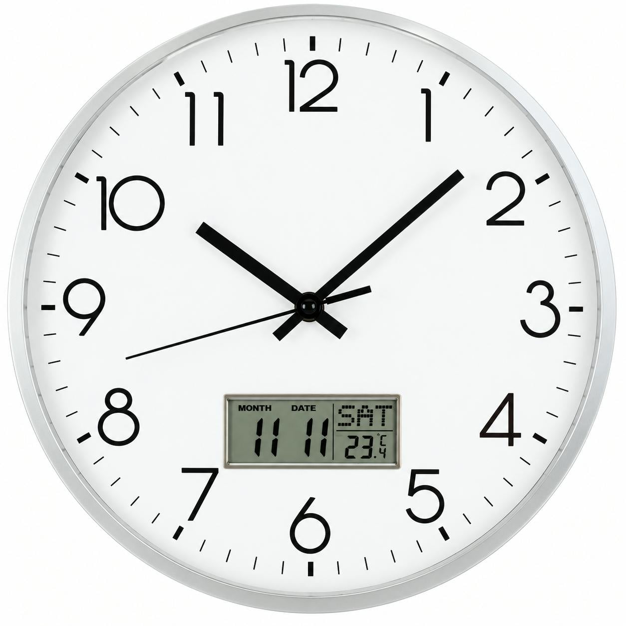 Rackhams White/Silver 12 Inch Silent Wall Clock With Lcd Date Day Temperature