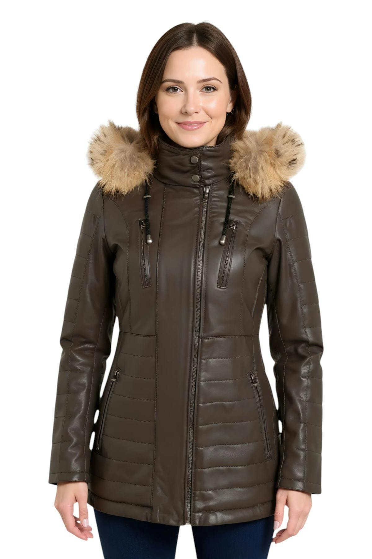 Infinity Leather Women's Brown Quilted Leather Parka Jacket-Curitiba - Uk 2XL/18 | Eu 44 | Us 14