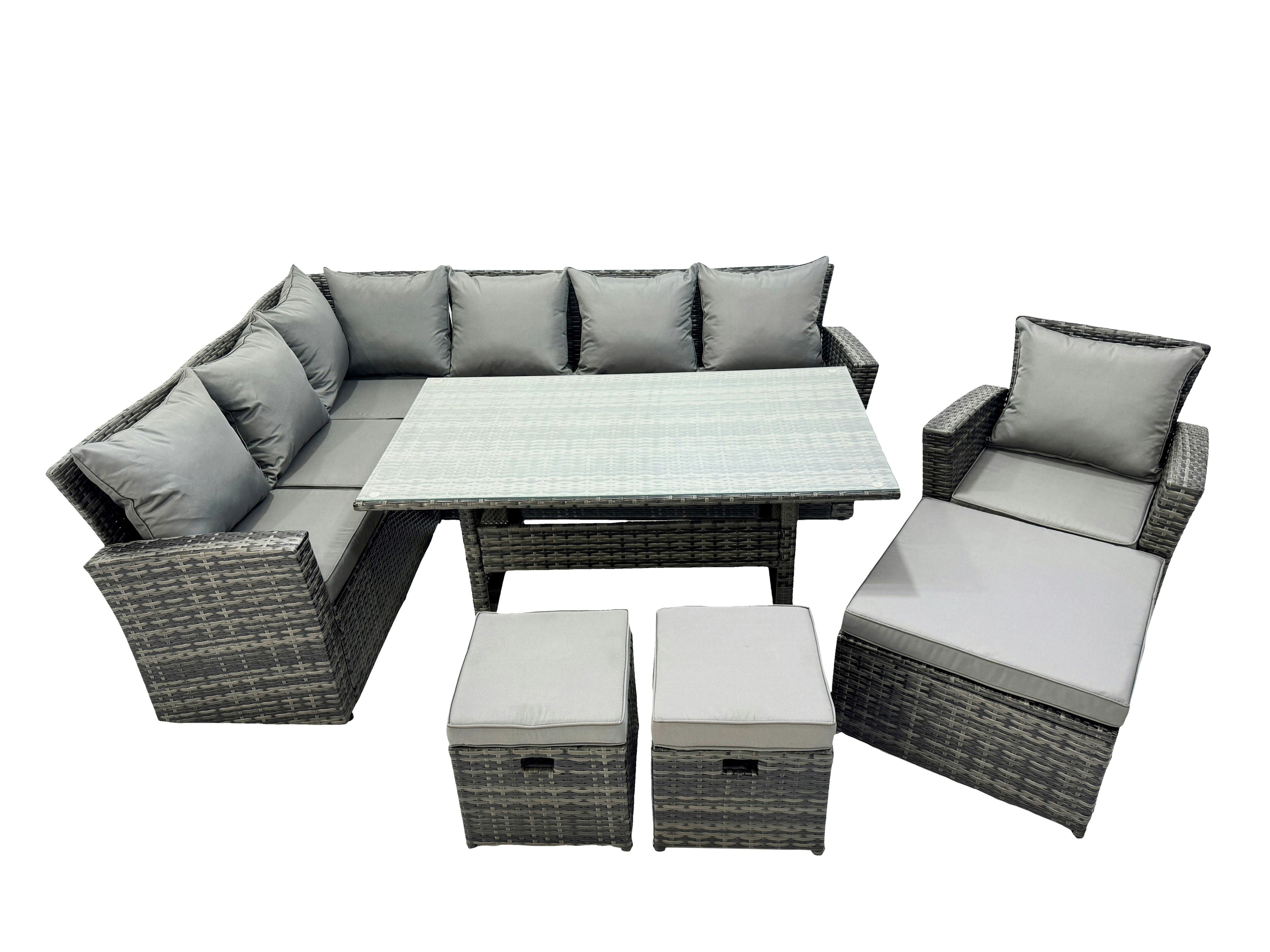 Fimous Dark/Grey 10 Seat Rattan High Back Corner Sofa Set Patio Dining Table Set With 3 Stools Chair Mixed