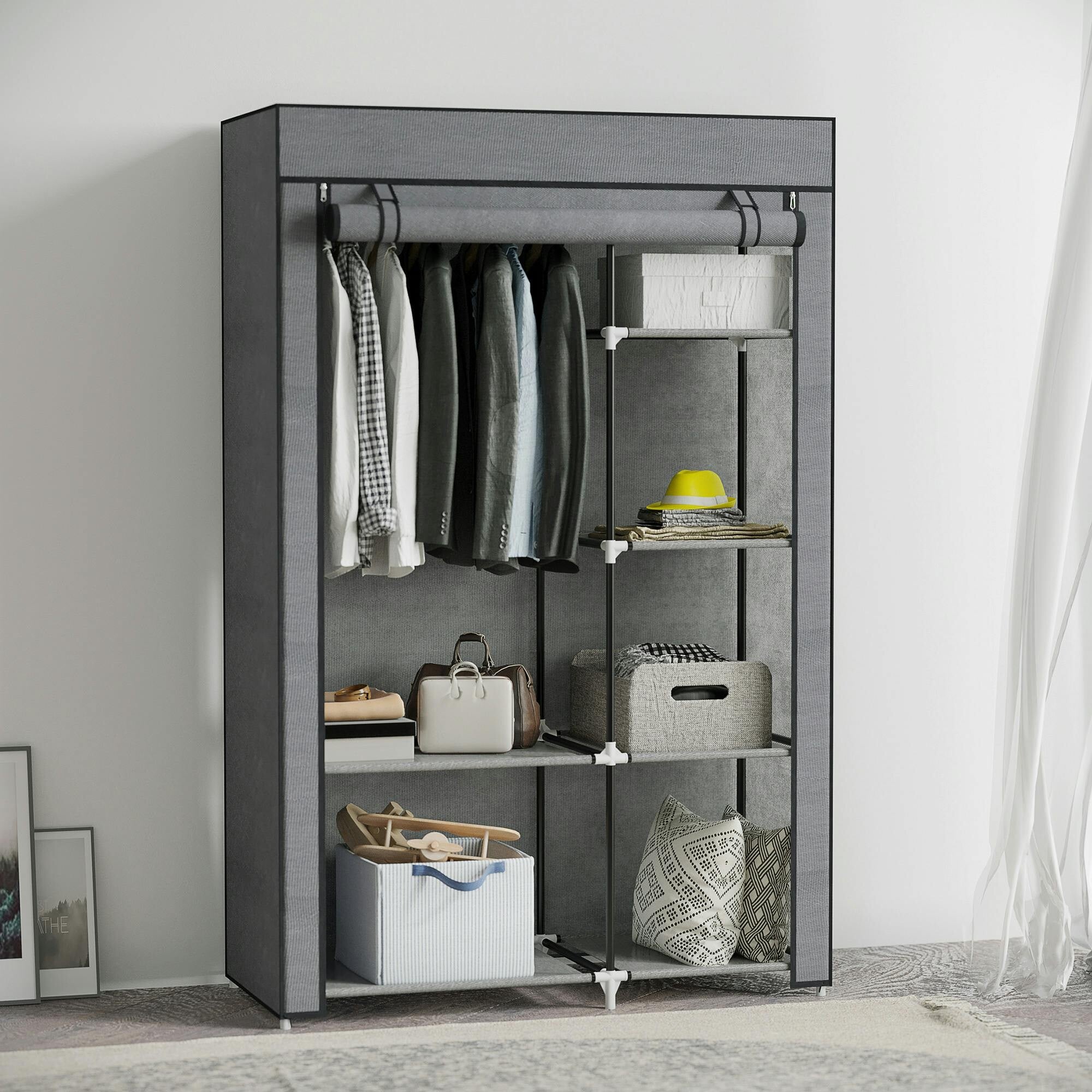 Homcom Fabric Wardrobe W/ Shelves Hanging Rail Foldable Closets Dark Grey - Image 4