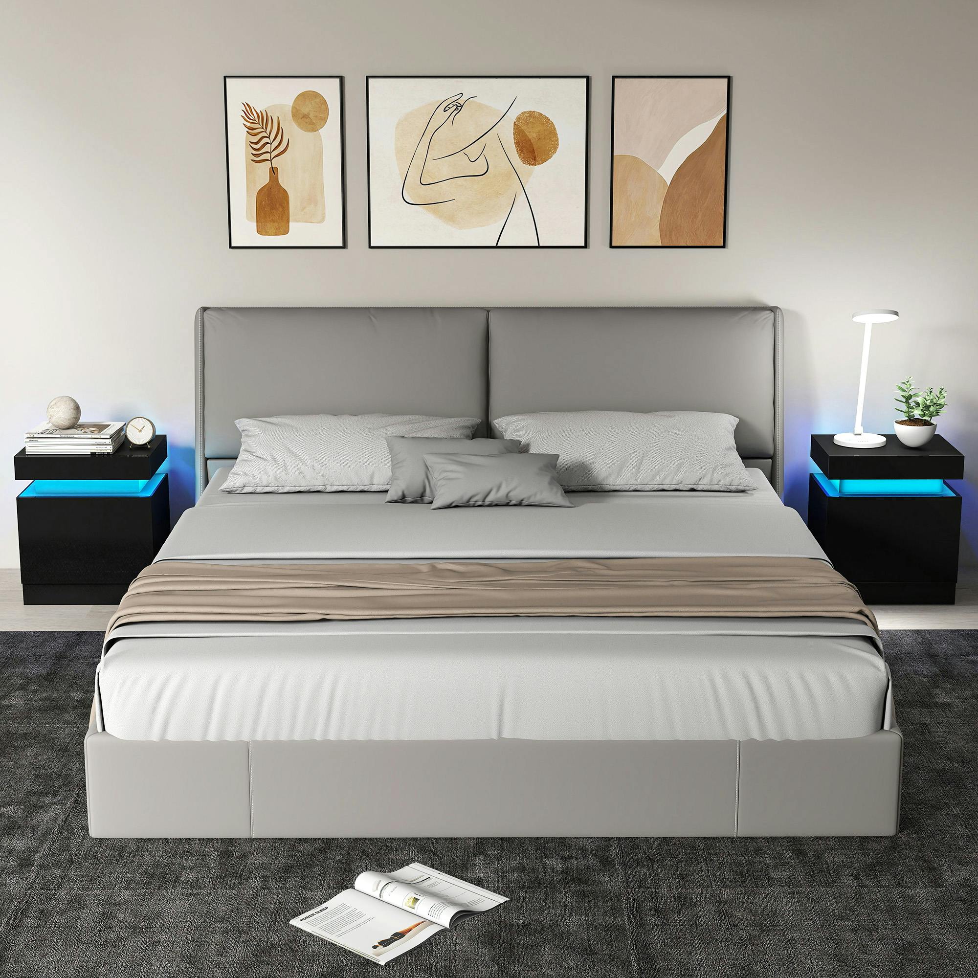 Rackhams Light/Black High Gloss Bedside Table With Led & 2 Drawers, Set Of 2,