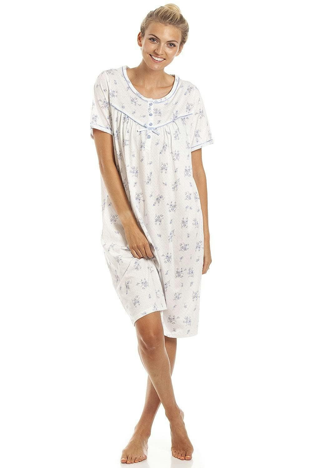 Camille Women's Blue Classic Floral Dot Print Jersey Nightdress - 22-24