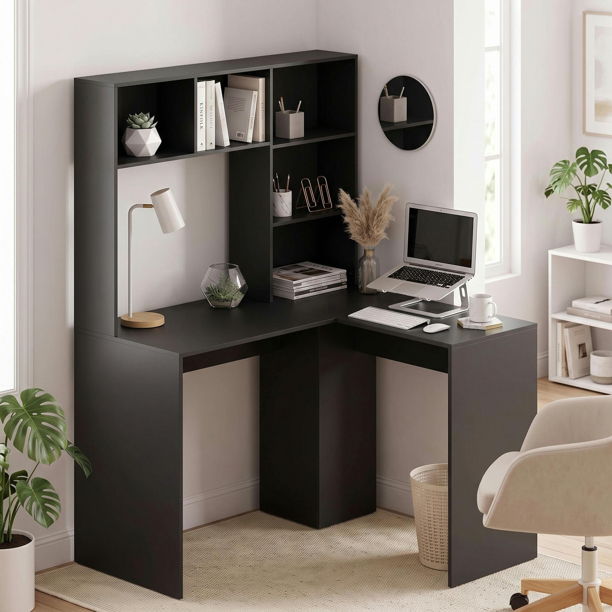 Homcom Black Modern Corner Computer Desk, L Shaped Desk With Monitor Stand And Storage Shelves For Home Office, Bedroom, - Image 2