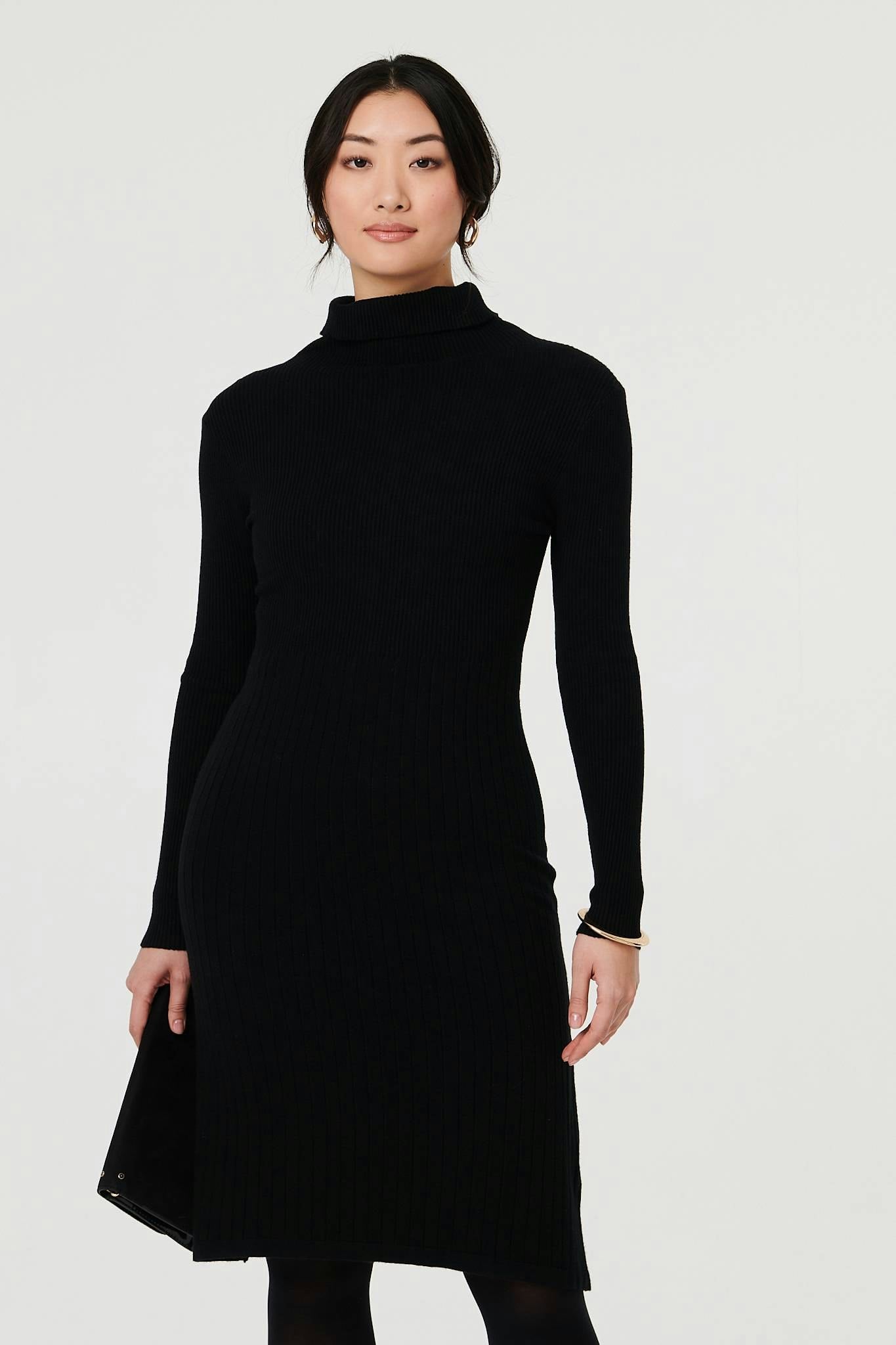 Izabel London Black Textured Knit Bodycon Midi Dress - L