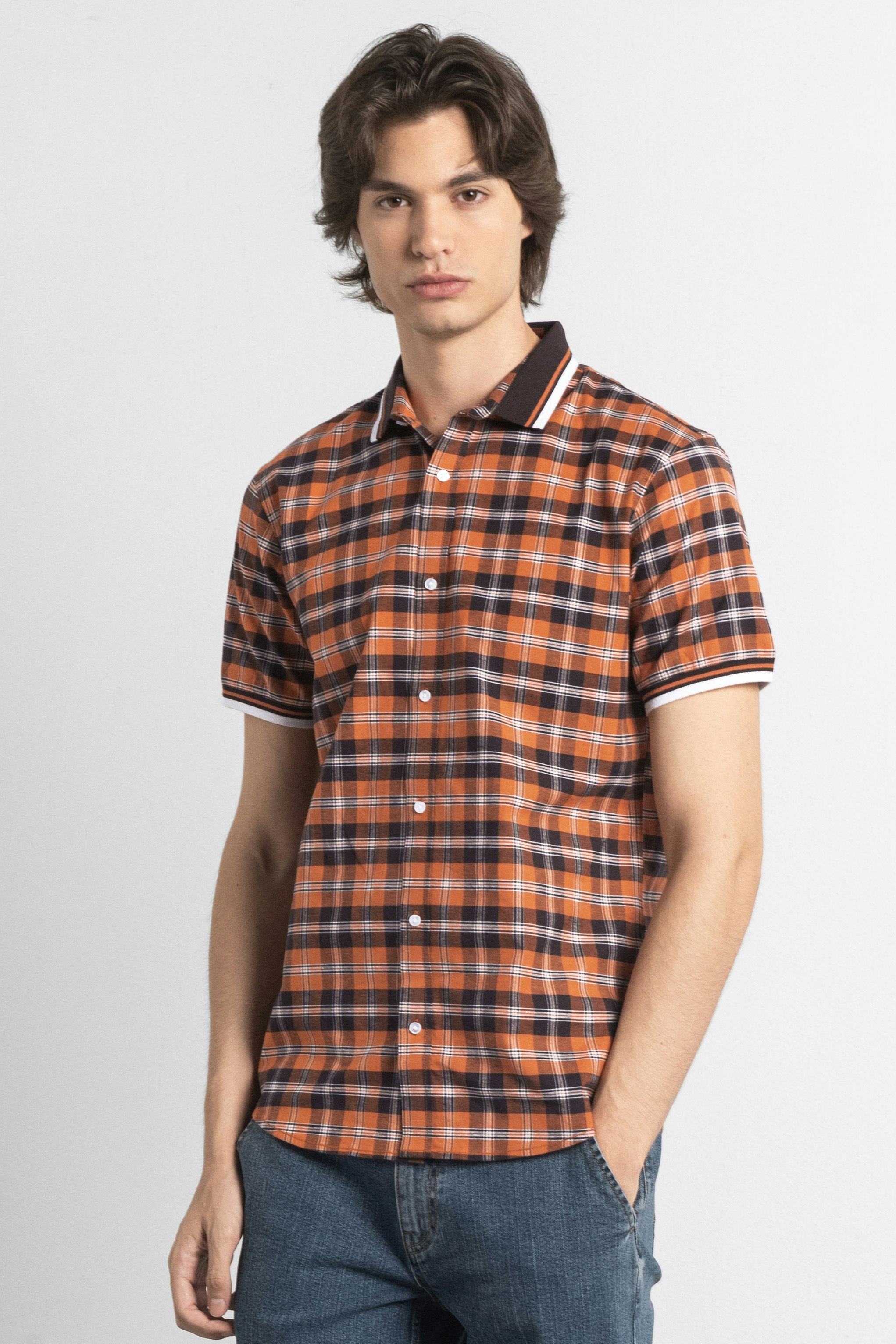 Enorsia Men's Orange Short Sleeve Shirt With Rib Collar - Xl - 97% Cotton, 3% Spandex