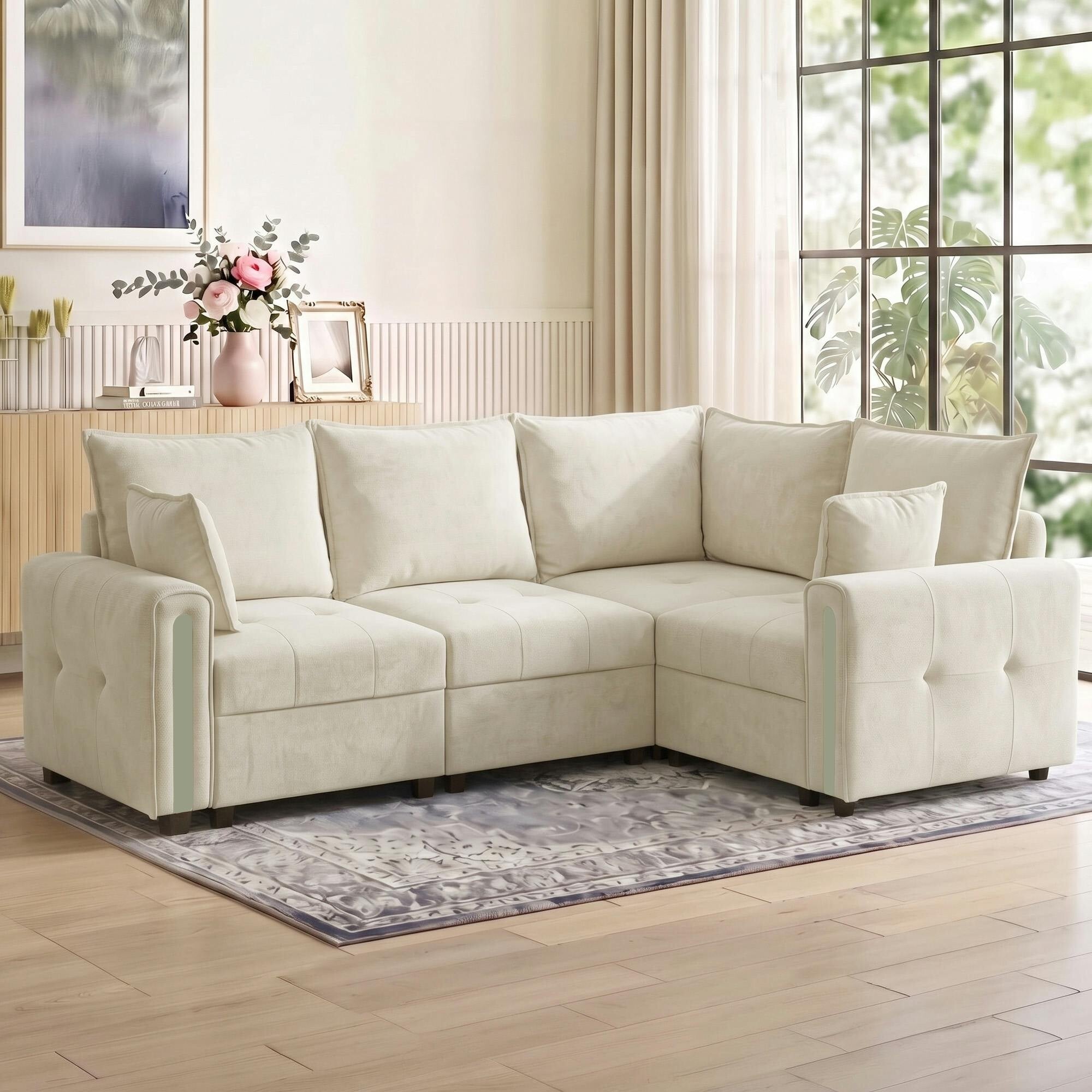Homcom Beige 228Cm L Shaped Sofa With Lift-Up Storage, 3-Seater Sectional Sofa With Wide Deep Seat, - Image 2