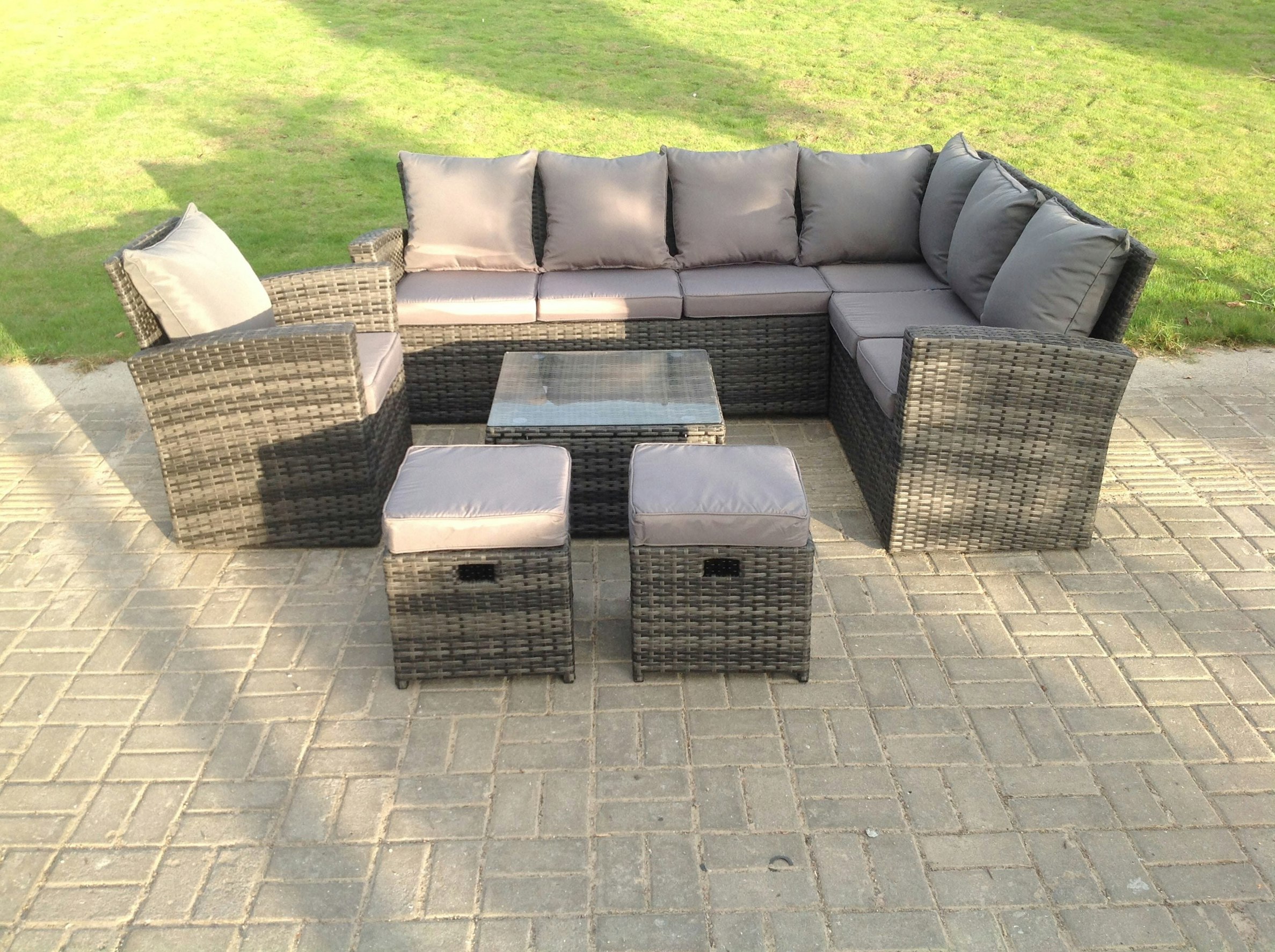 Rackhams 9 Seater High Back Rattan Garden Furniture Set Corner Sofa With Square Coffee Table Stools With Chair
