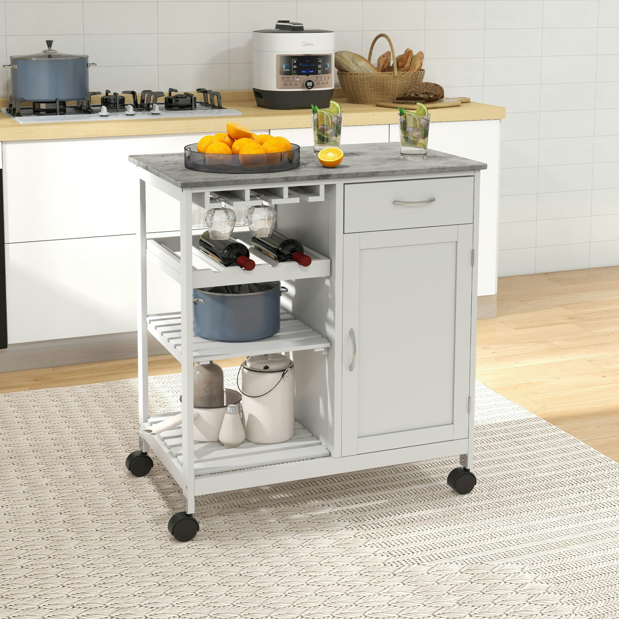 Photos - Wardrobe HOMCOM Rackhams Kitchen Trolley Utility Cart W/ Wheel Wine Rack Open Shelf and Cabinet 