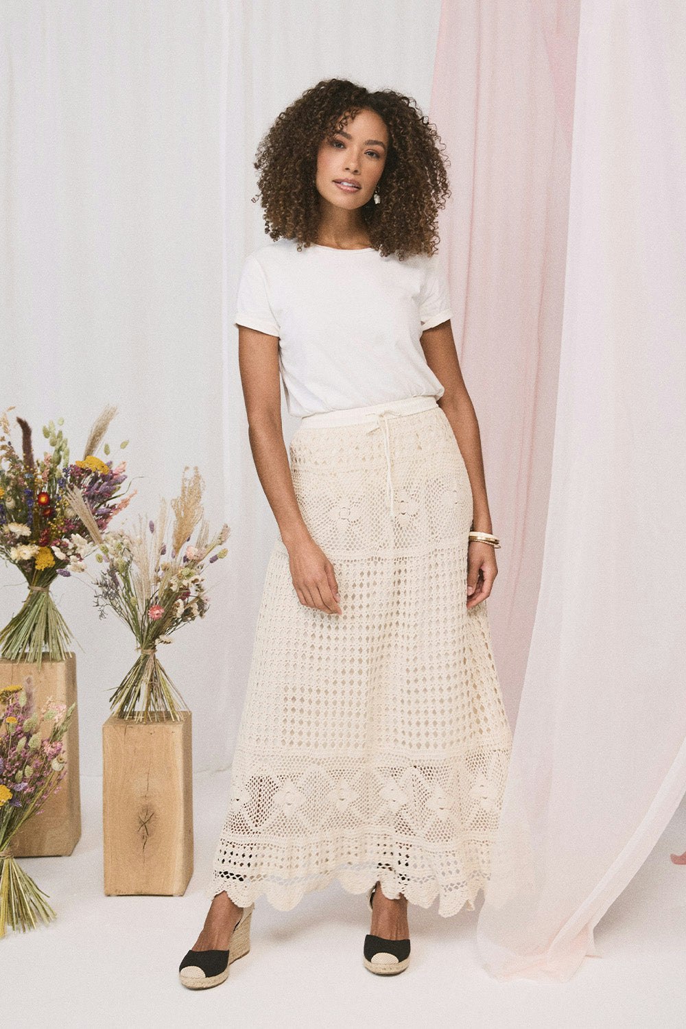 Izabel London Ivory Mesh Crochet Texture Tie Waist Midi Skirt - L