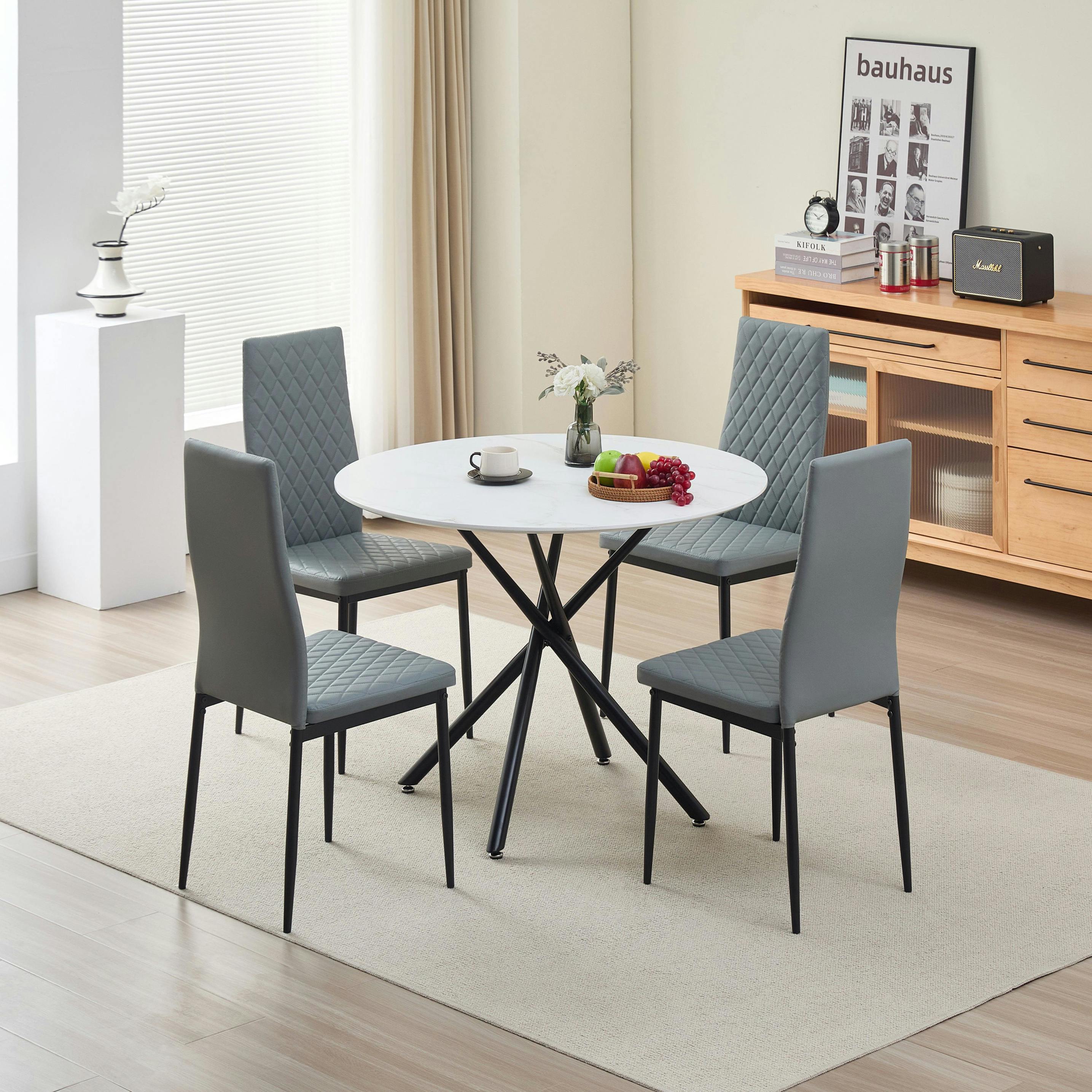 Rackhams Grey Seattle Dining Table With 4 Emily Leather Chairs