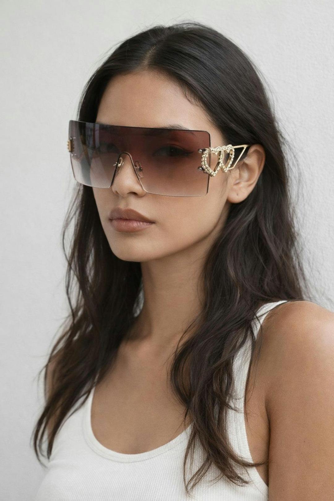 Svnx Brown Flatop Rimless Heart Detail Sunglasses In - One Szie