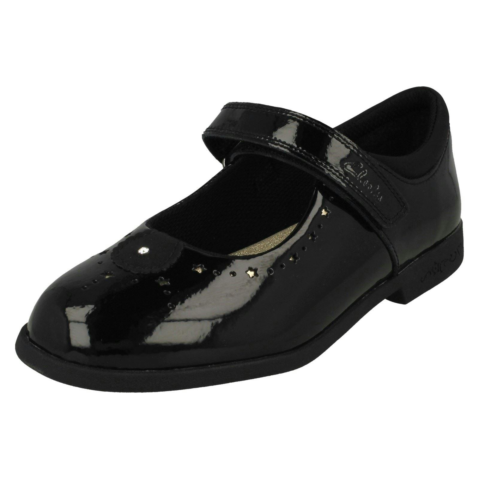 Clarks Girls Black Cut Out Star Detailed Mary Jane Shoes Magic Step Bar - Patent - Uk 9.5 Child - F