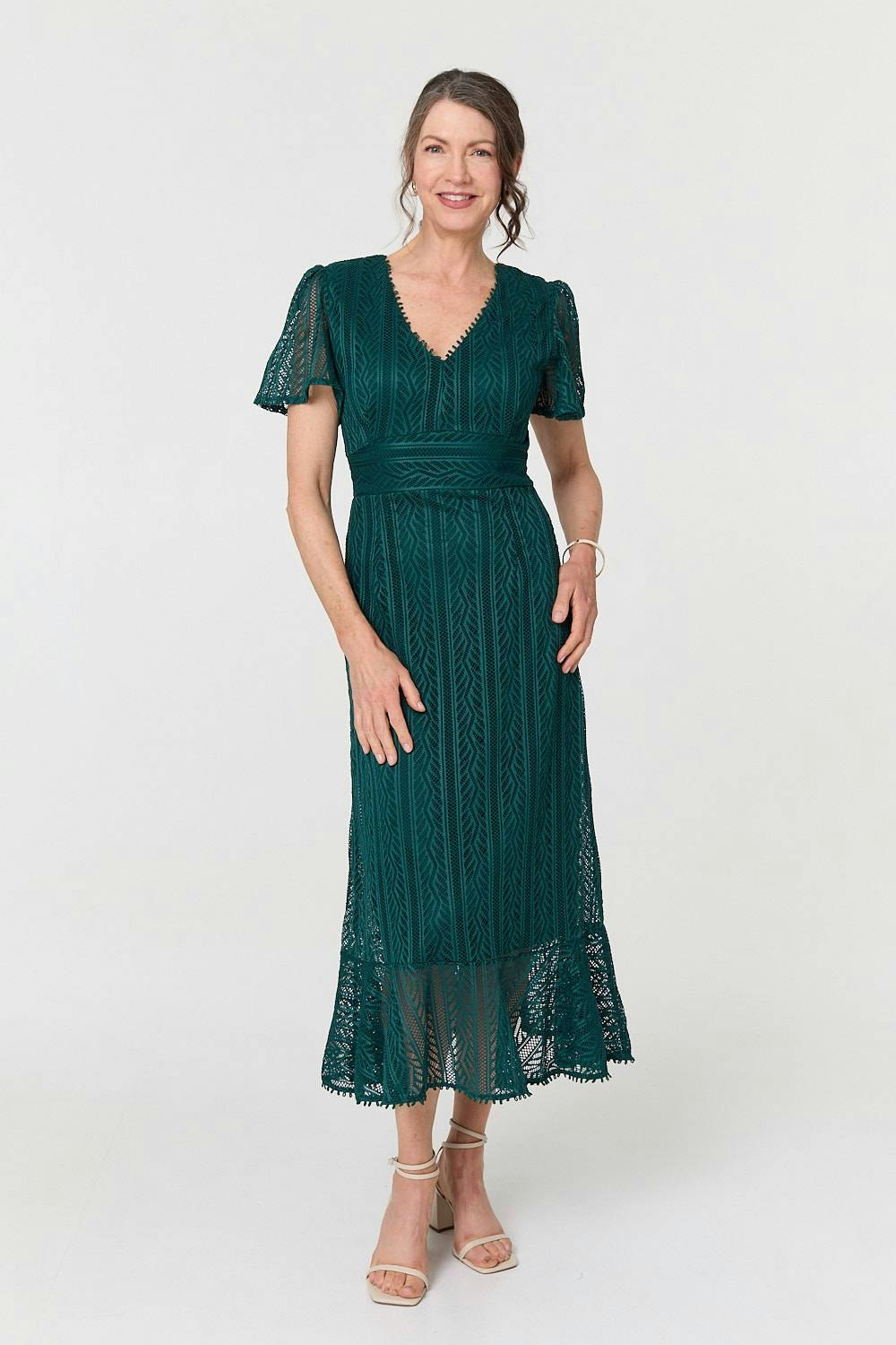 Izabel London Green Lace Layered Short Sleeve Midi Dress - 10