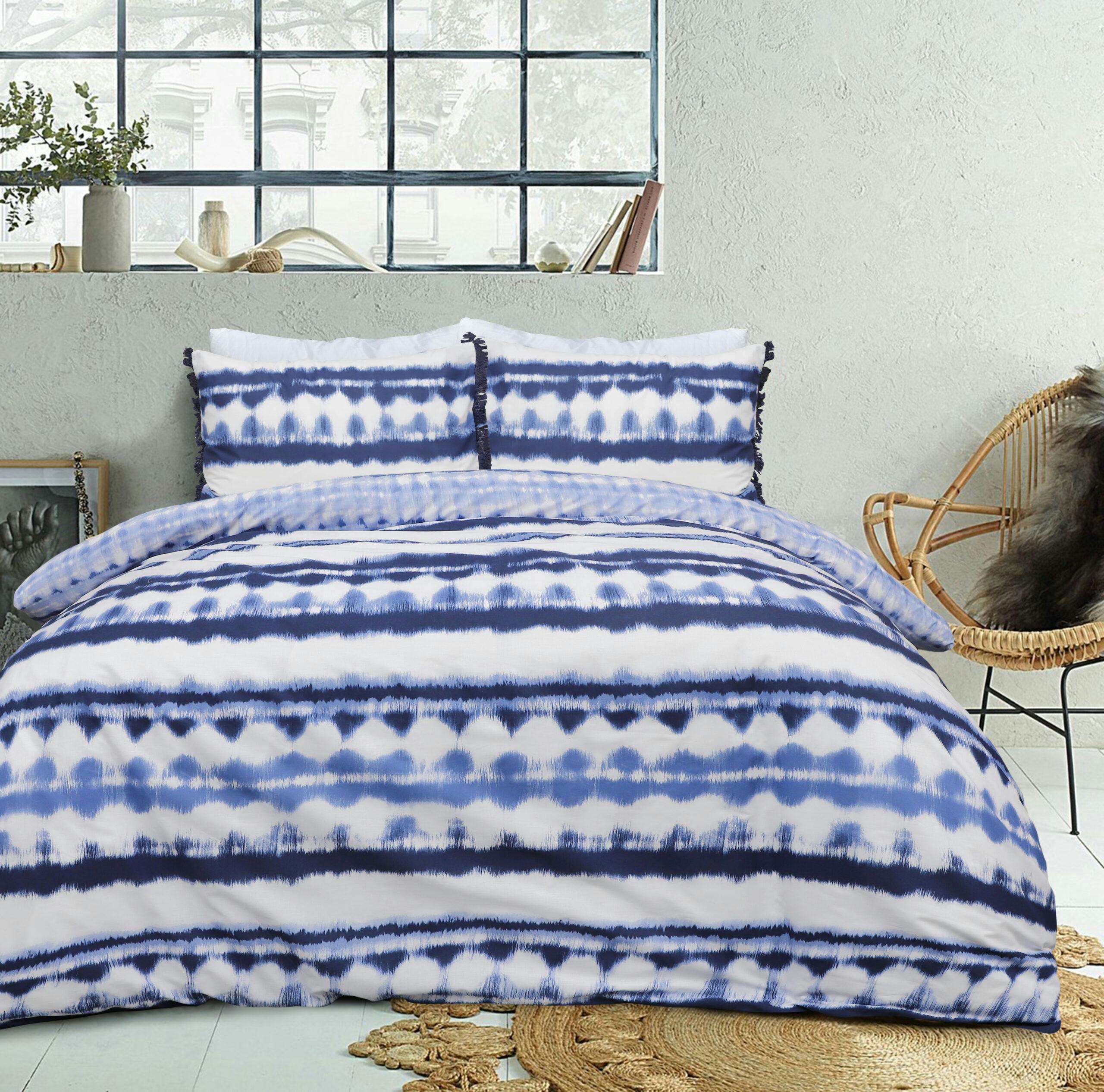 Rackhams Blue Reversible Polycotton Tiedye Tassel Trim Duvet Cover And Pillowcase Set - King (220Cm X 235Cm)